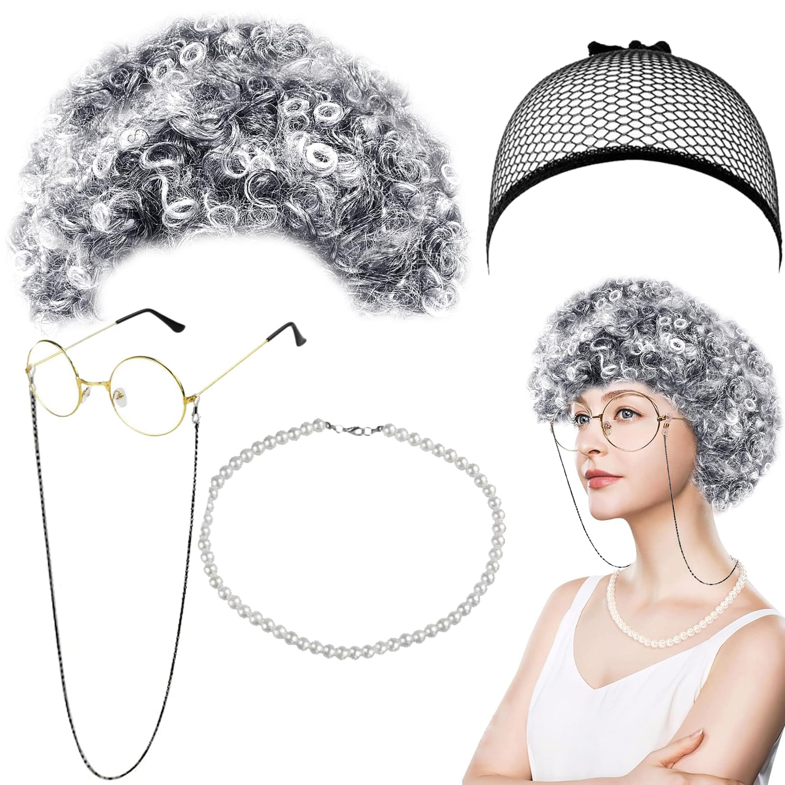 Oma Kostüm-Set 8-teilig – Graue Perücke, Brille, Perlen, Gehstock & Mehr Für Halloween
