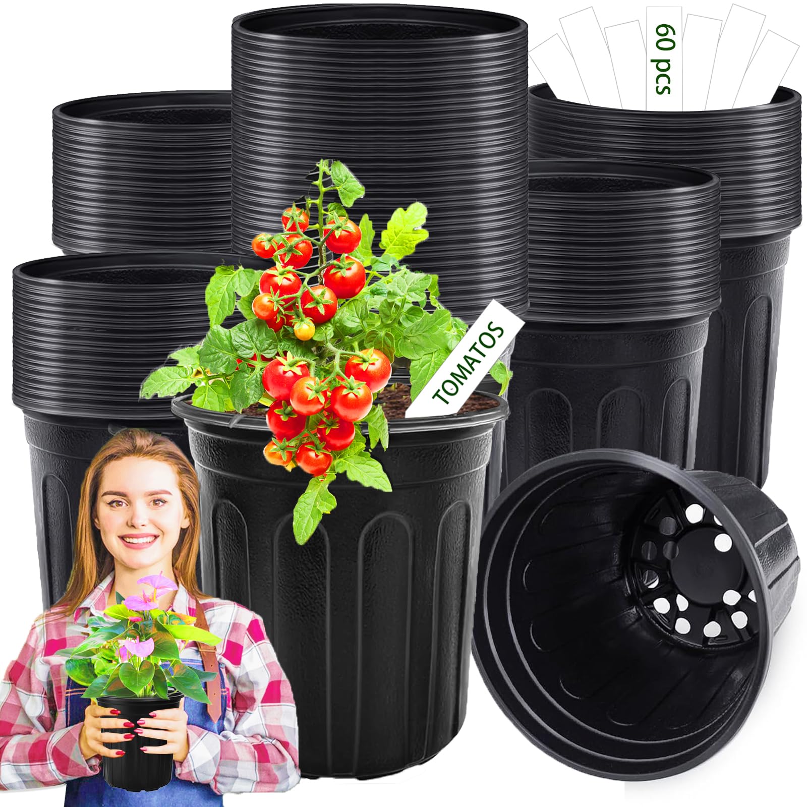 Flexible Pflanztöpfe aus Kunststoff, verdickt, weich, mit Pflanzenetiketten, Blumensamen-Anfangsbehälter für Sukkulenten, Umpflanzen, drinnen und draußen, Schwarz, 60 Stück