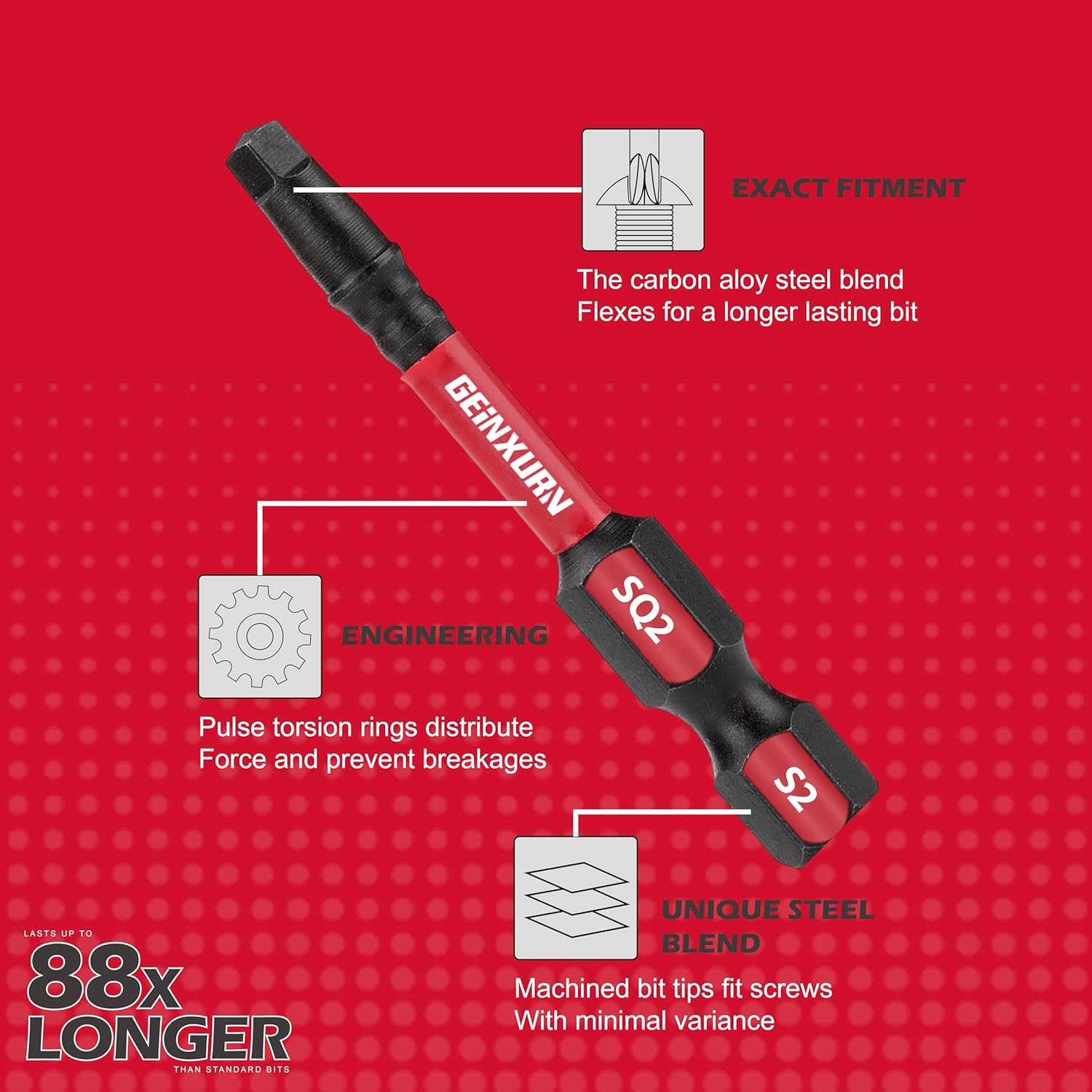 GEINXURN Impact Tough Magnetic SQ1/SQ2 Head Power Bits, 16Pieces Square Insert Driver Bits S2 Alloy Steel Screwdriver Bits Set with Impact Magnetic Bit Holder