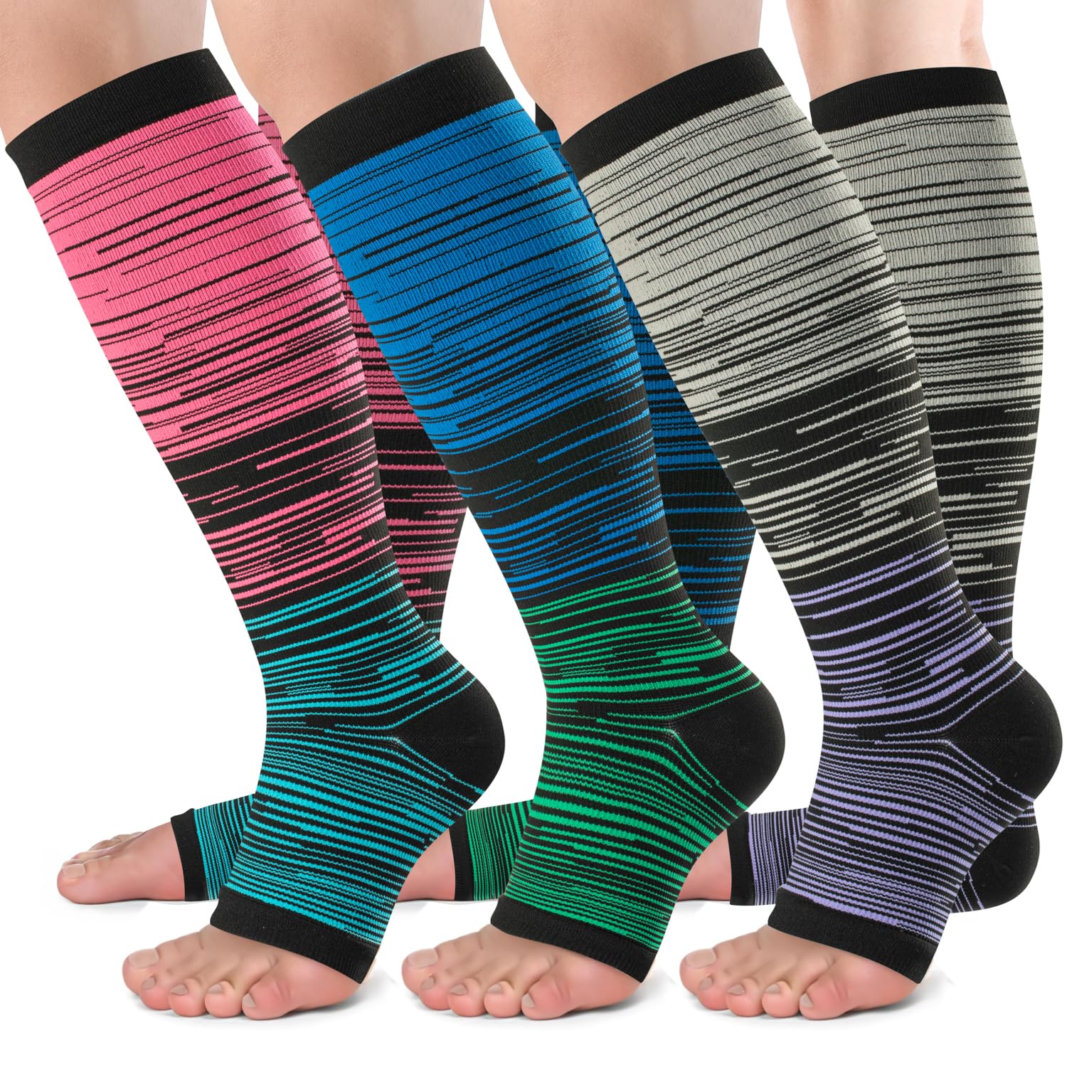 bropite Open Toe Compression Socks for Women，3 Pairs Toless Knee-High Socks | Graduated 15-20 mmHg compression circulation,reduces swelling.3 pairs open toe design for travel,nurses,pregnancy comfort