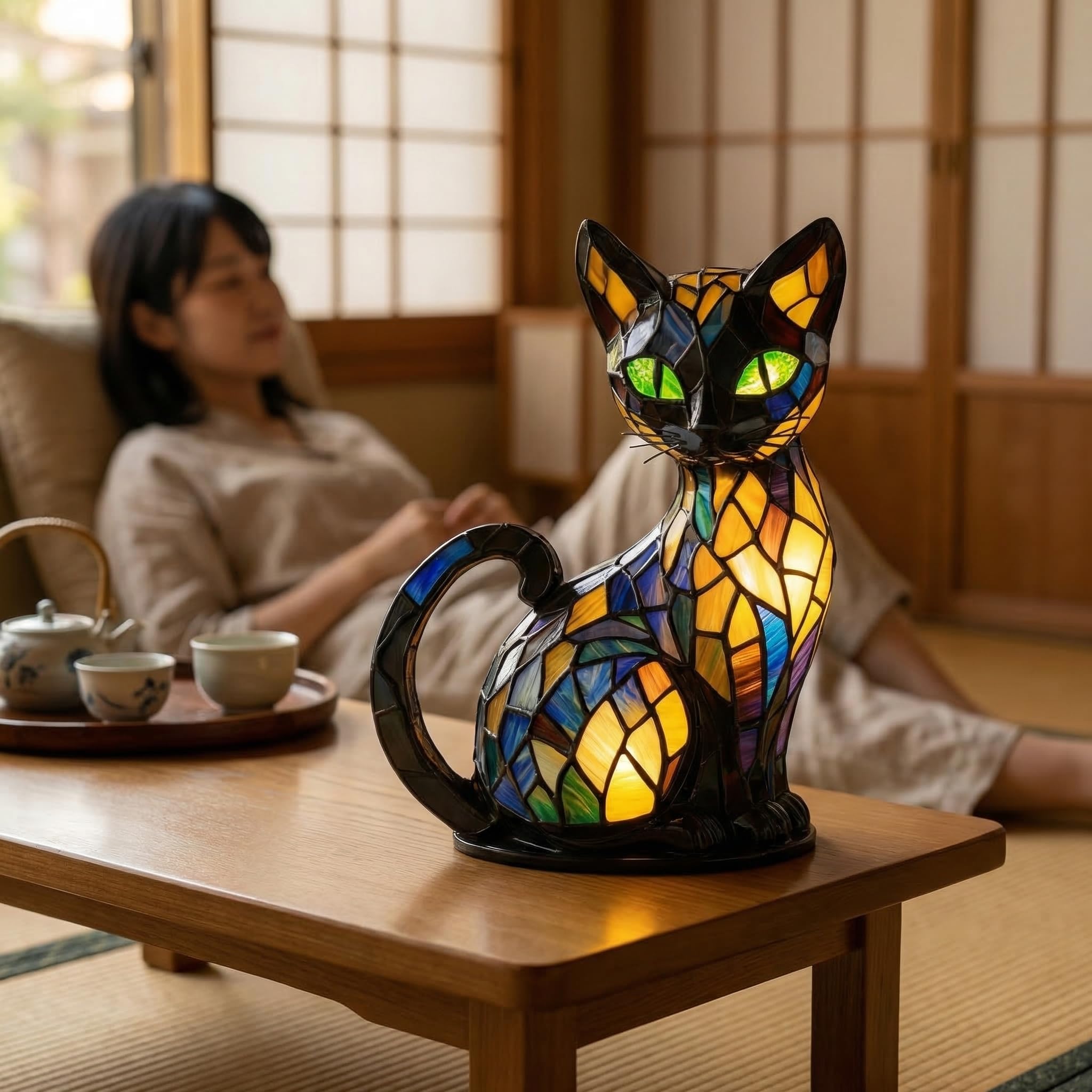 Amazon.co.jp : GUZIBAO ステンドグラス ランプ 樹脂製 猫ステンド