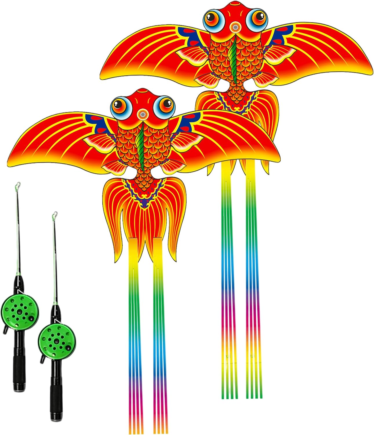Kids Kites 2PCS Fishing Rod Kite, Kids Kite with Dynamic Flapping, Lightweight Carbon Frame, 19.7in, 15.7in Rod, 98.4ft Line