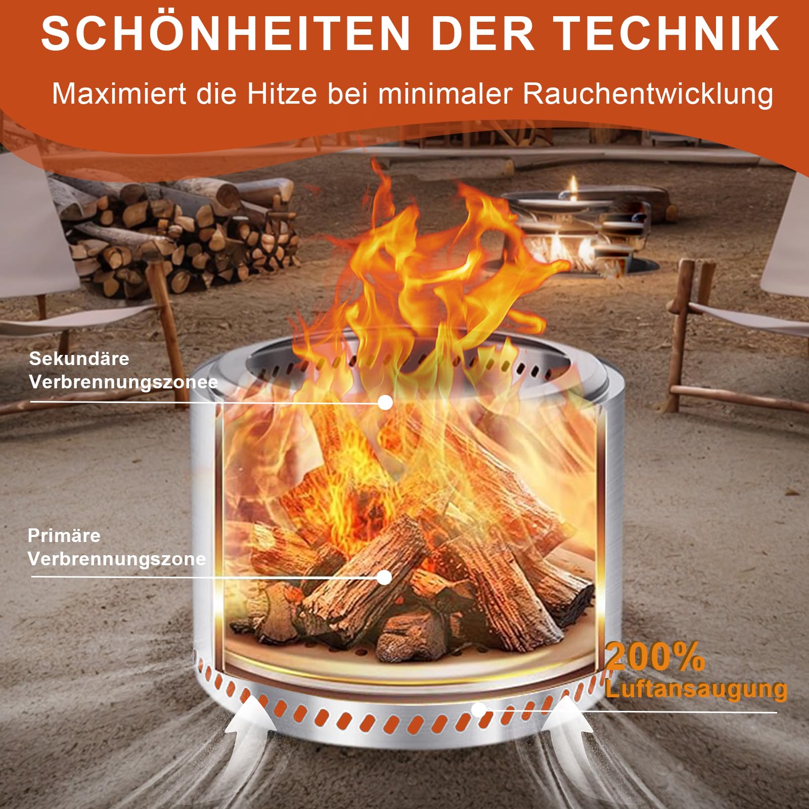 Brasero sans fumée de 50 cm avec sac de rangement, durable et portable, foyer de camping pour feu à bois, bac à cendres amovible, foyer portable pour terrasse, jardin
