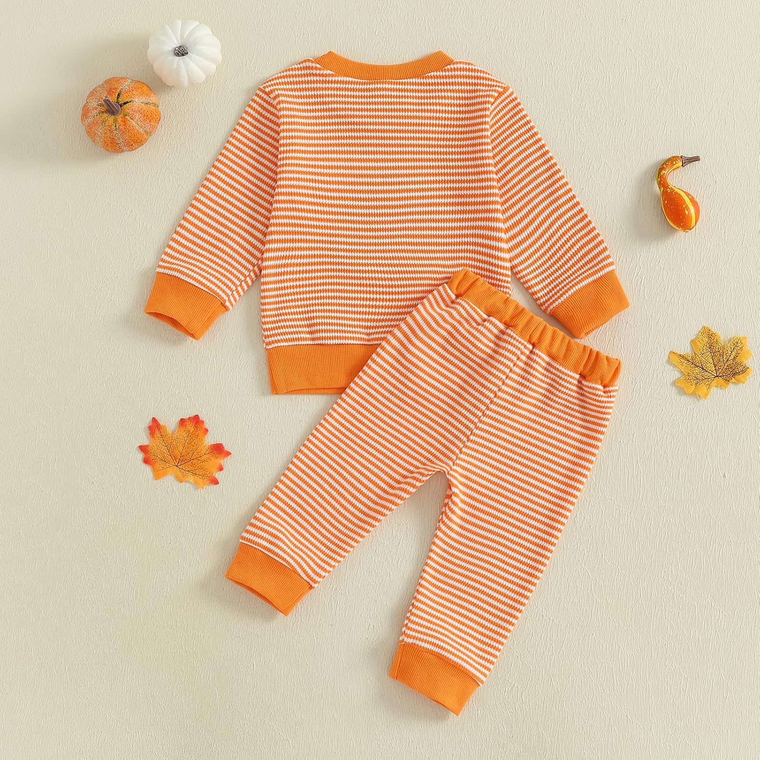 Toddler Baby Boy Girl Halloween Outfit Fall Winter Clothes Waffle Striped Pumpkin Sweatshirt + Jogger Pant Set - Image 7
