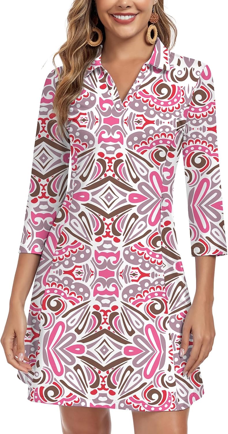 WOWENY 3/4 Sleeve Dress for Women with Pockets V Neck UPF 50+ Casual Sun Dress Breathable Quick Dry Beach Vacation