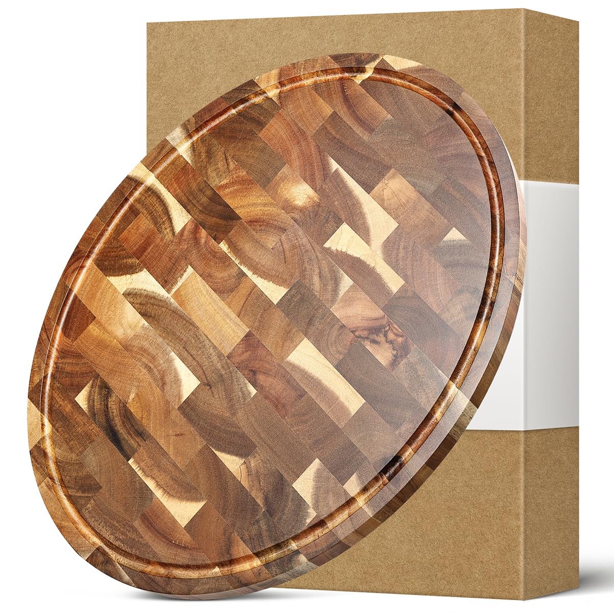 HEZHEN Cutting Board, End Wood Grain Chopper Board, Built-In Juice Grooves& Handle, Acacia Wood Oval Serving Board, Kitchen Accessory
