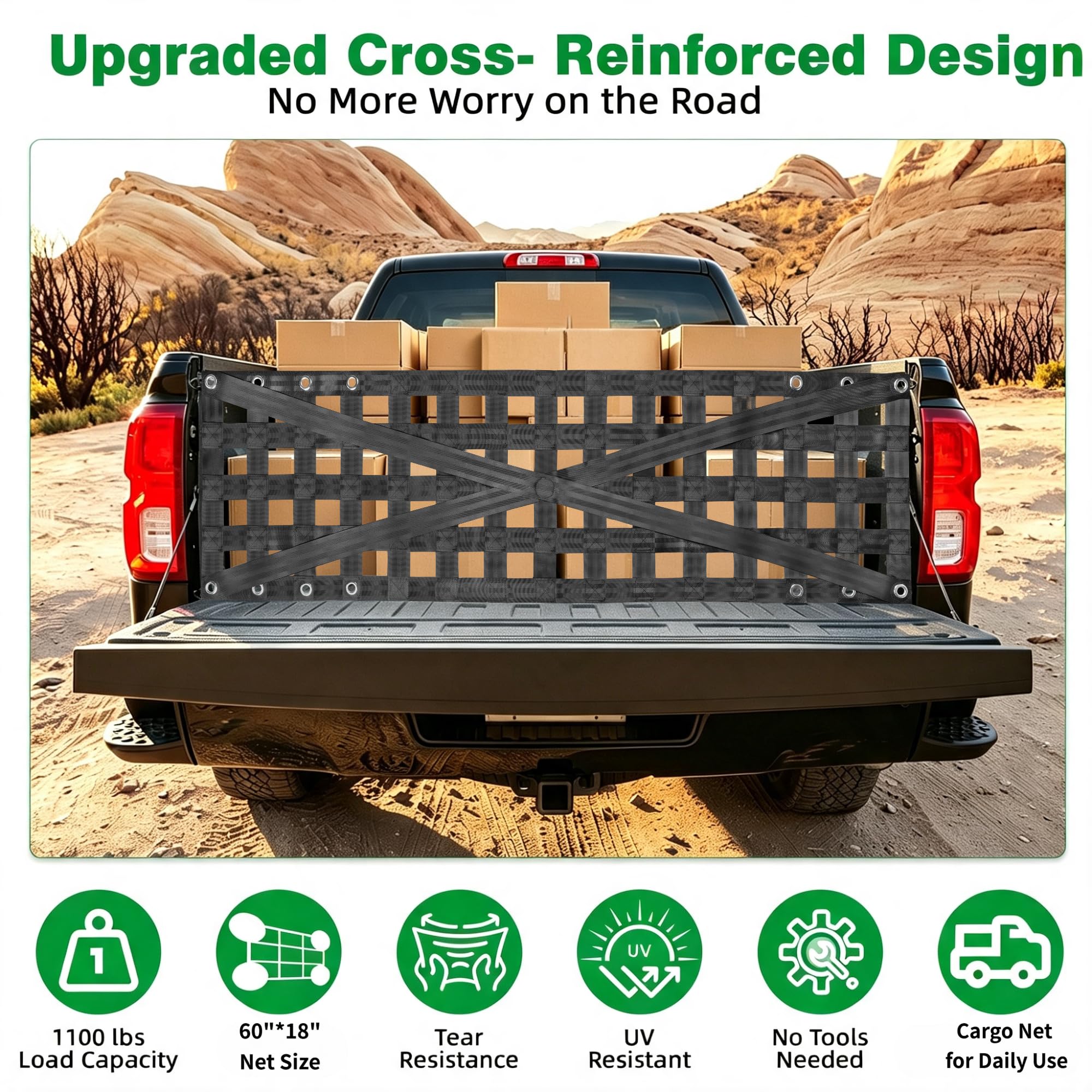 Strapazierfähiges Heckklappennetz für Pickup-LKW-Bett, 152,4 x 45,7 cm, mit 4 verstellbaren Schnallenriemen, langlebiges Heckklappen-Gepäcknetz für Anhänger, Pickup, Boot, Jeep, SUV