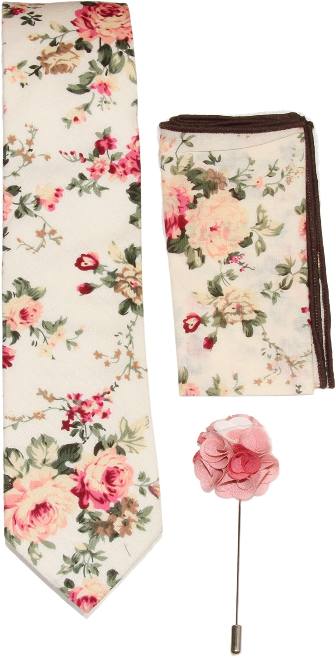 Men's Ivory & Pink Floral Slim Tie 8" x 8" Pocket Square and Lapel Pin