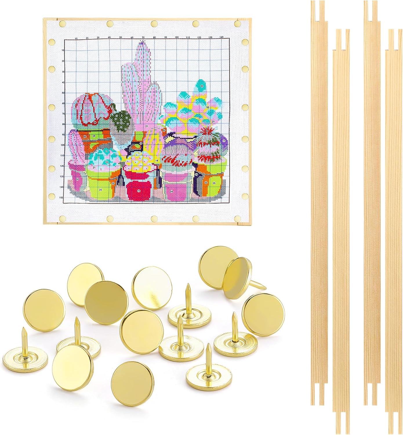 Glooglitter 2 Sets Stretcher Bars for Needlework with Thumb Tacks Regular Needlepoint Stretcher Bars Wooden Canvas Stretcher Bars for Embroidery Stitch Frame Set Bundle with Crafts (18 Inch)