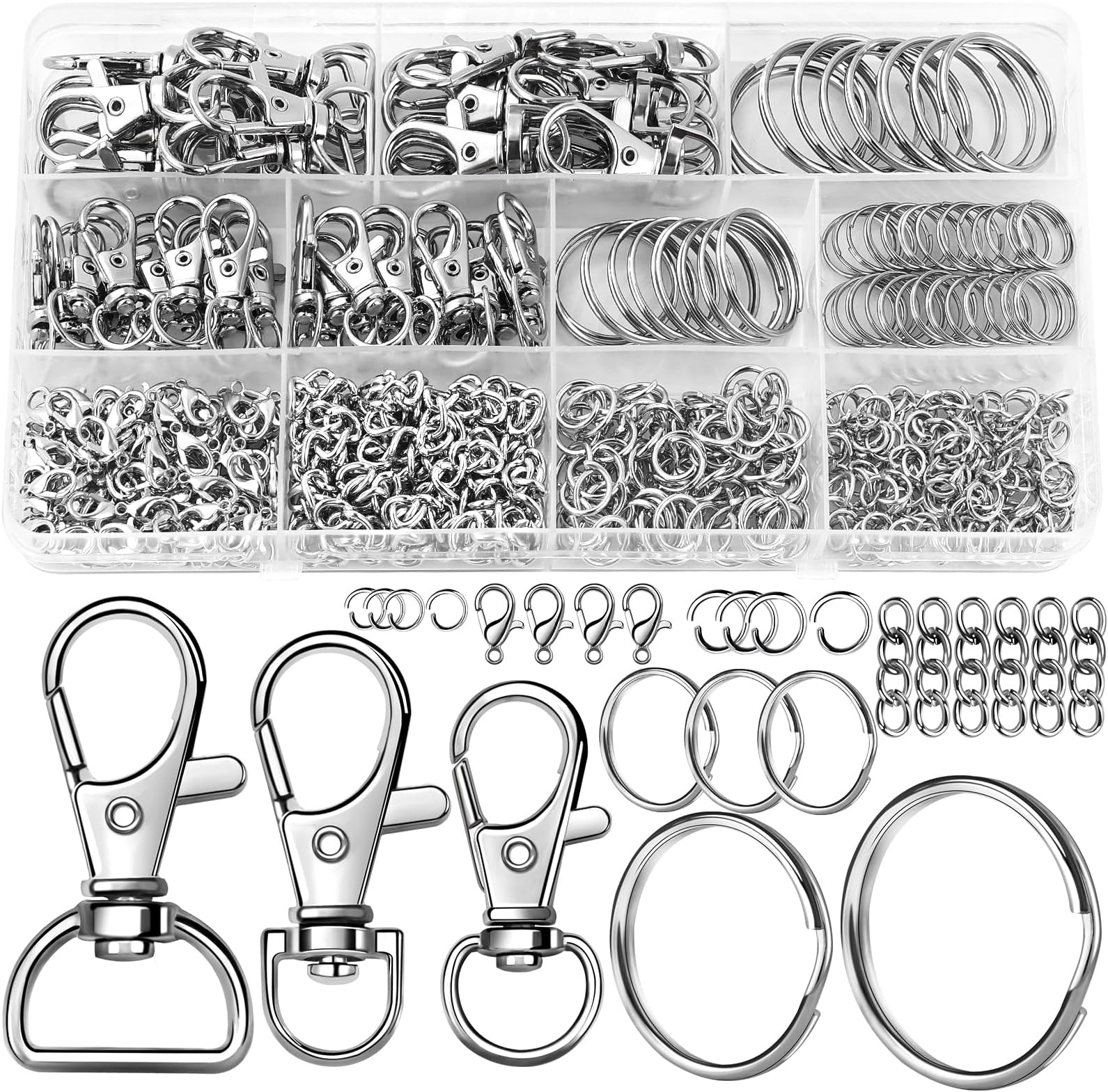 50pcs Swivel Snap Hooks with Split Key Rings Metal Silver Lobster Claw Trigger