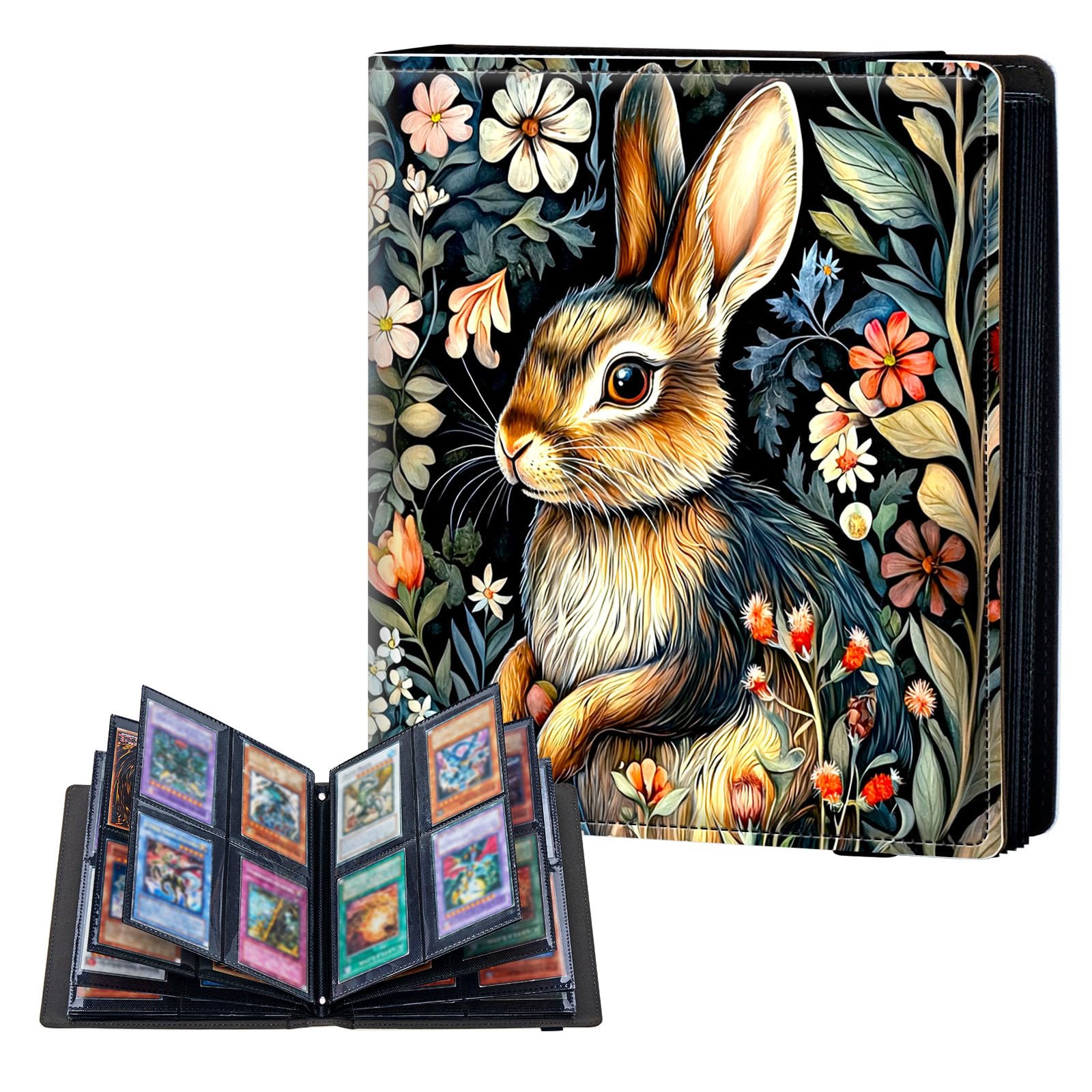 ETLKJVBL 4 Pocket Trading Card Binder, Card Collection Binder for TCG, MTG, Sports Cards, Baseball, Rabbit Flowers Trading Card Book Holder for Collectors, Top Loader Binder