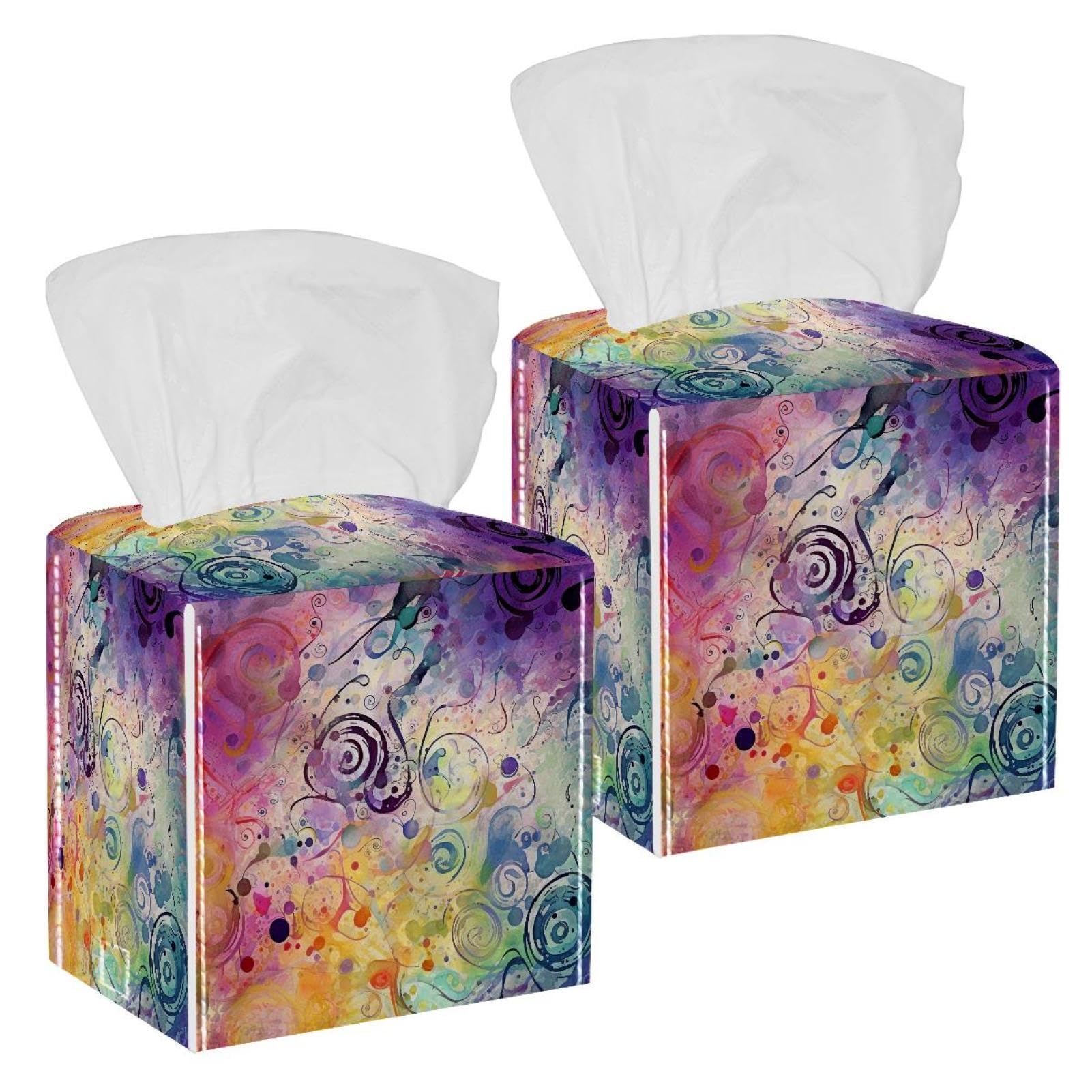Flowing Swirl Tissue Box Cover, 2 Pack PU Leather Square Facial Tissue Dispenser Box holder for Home Office Car