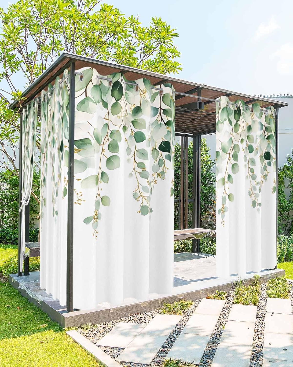 Outdoor Curtains Waterproof for Patio, Sage Green Watercolor Eucalyptus Leaves Plant Grommet Top Vertical Drapes, Indoor/Outdoor Privacy Curtains for Porch, Balcony, Garden, Cabana Decor 54"x84"