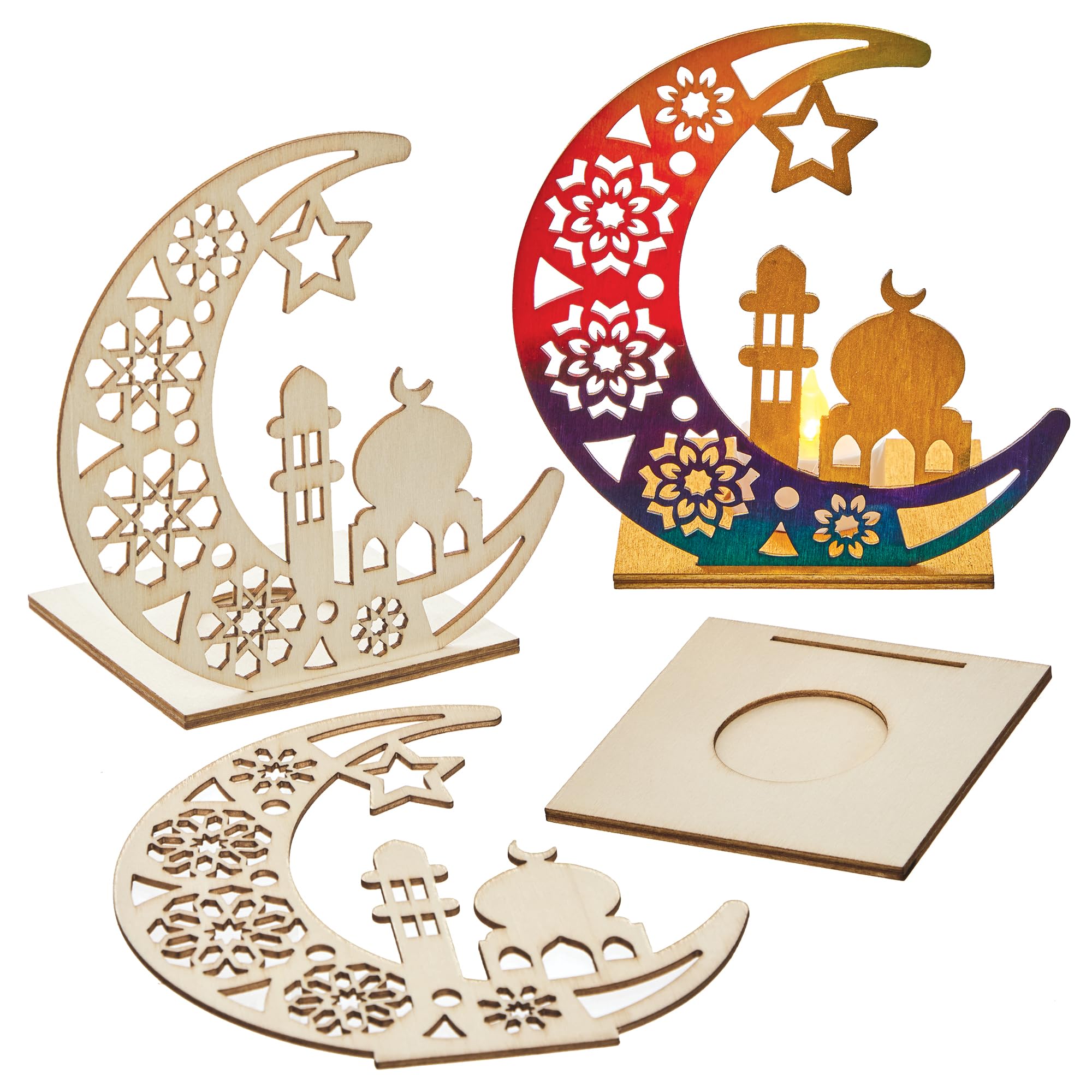 Baker Ross FN360 Wooden Crescent Moon Ramadan Tealight Holders - Pack of 3,