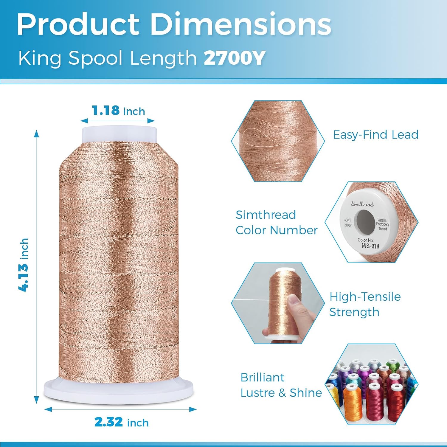 Simthread 2700 Yards Metallic Embroidery Machine Thread - Light Copper MS-018, 40wt High-Sheen King Spool, Smooth Running & Break Resistant for Commercial & Home Embroidery Machines image 2