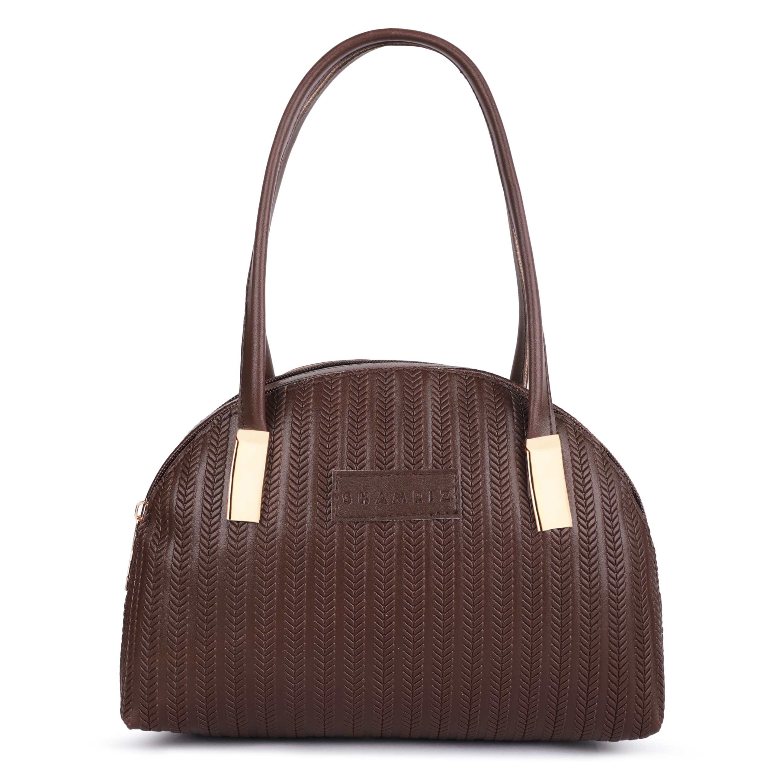 Women Dome Bowler Bag | Leaf-Embossed PU Leather Top Handle Tote Bag | Multi-Zip Korean Style Compact Ladies Purse | Multi-Color | for Work, Date Night & Gift-image-2