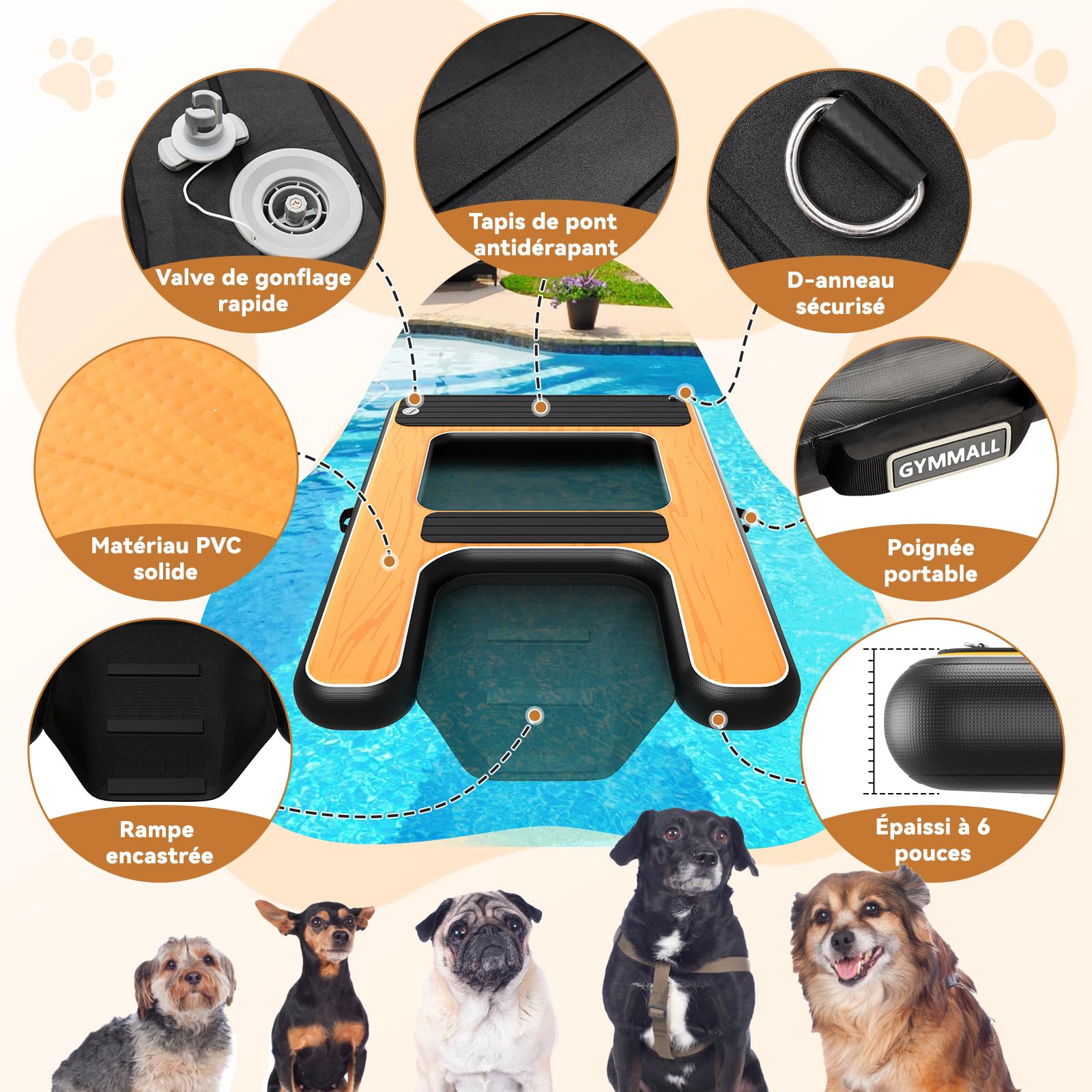 Rampe D'Accès À l'eau Gonflable pour Chien 170 x 120 cm, Plateforme Gonflable Et Rampe 2 en 1, Convient Aux Chiens Jusqu'à 150 Kg, Idéale pour La Piscine, Les Bateaux et Les Pontons