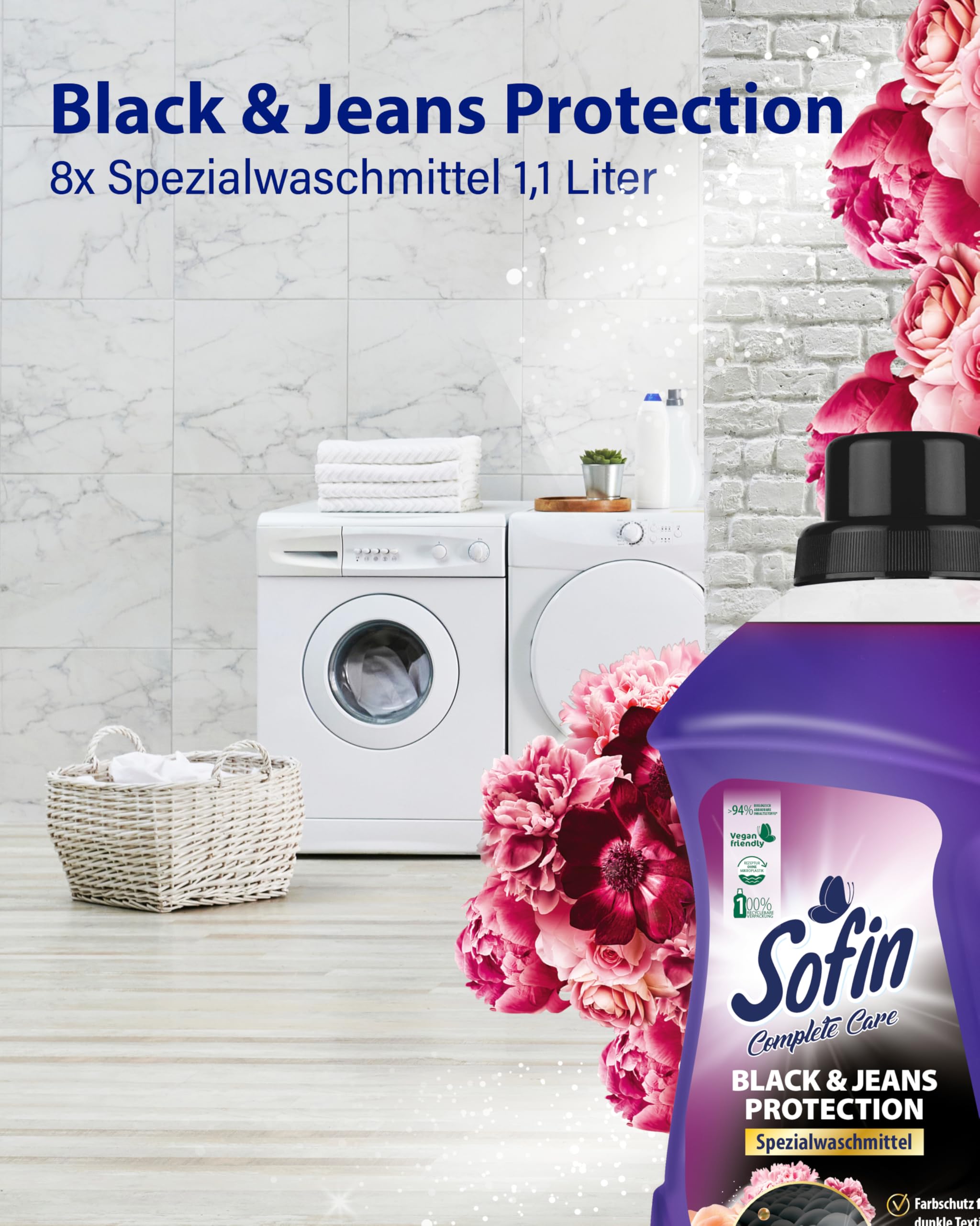 Sofin Black & Jeans Protection Spezial-Waschmittel flüssig 1,1L 8er Set - Flüssigwaschmittel für Buntwäsche & Jeanskleidung, Formel für langanhaltende Frische