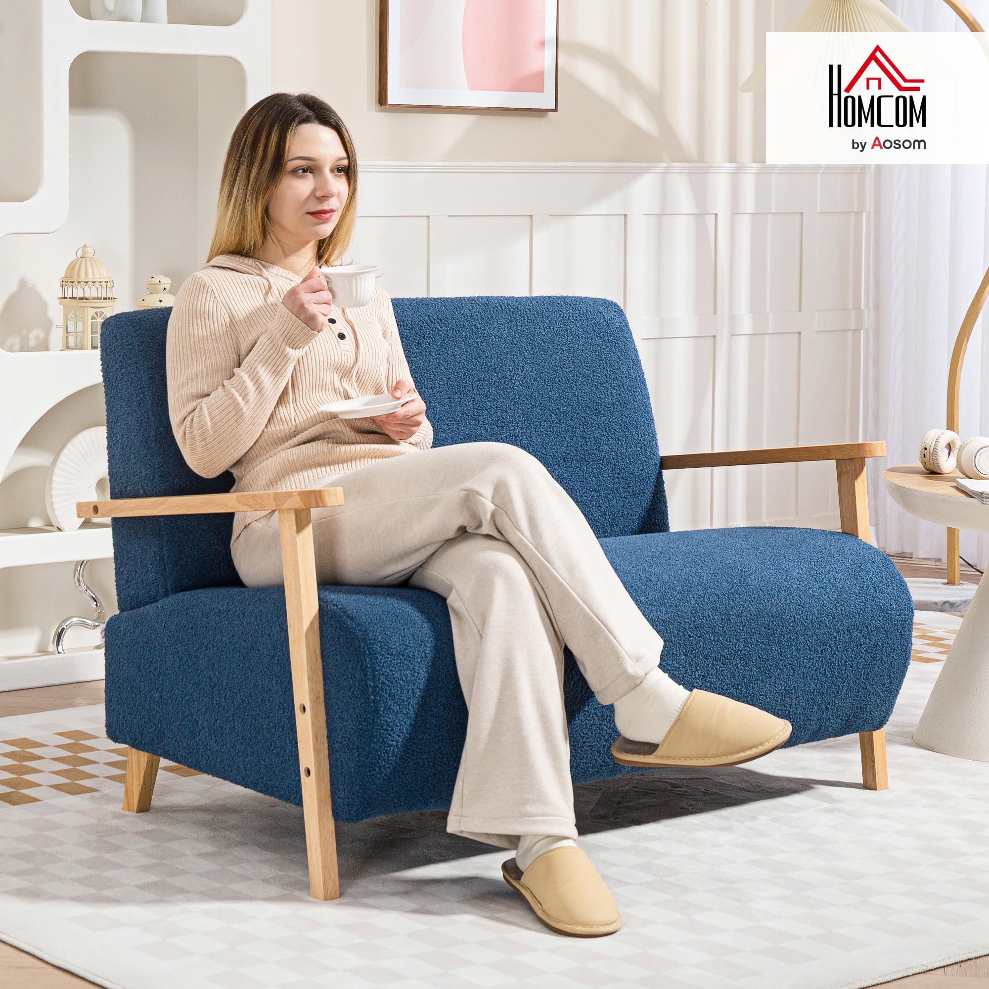 HOMCOM Sofá de 2 Plazas Tapizado en Borreguito Sofá de Salón de 118 cm con Acolchado Grueso Reposabrazos y Patas de Madera para Dormitorio Sala de Estar Azul Oscuro