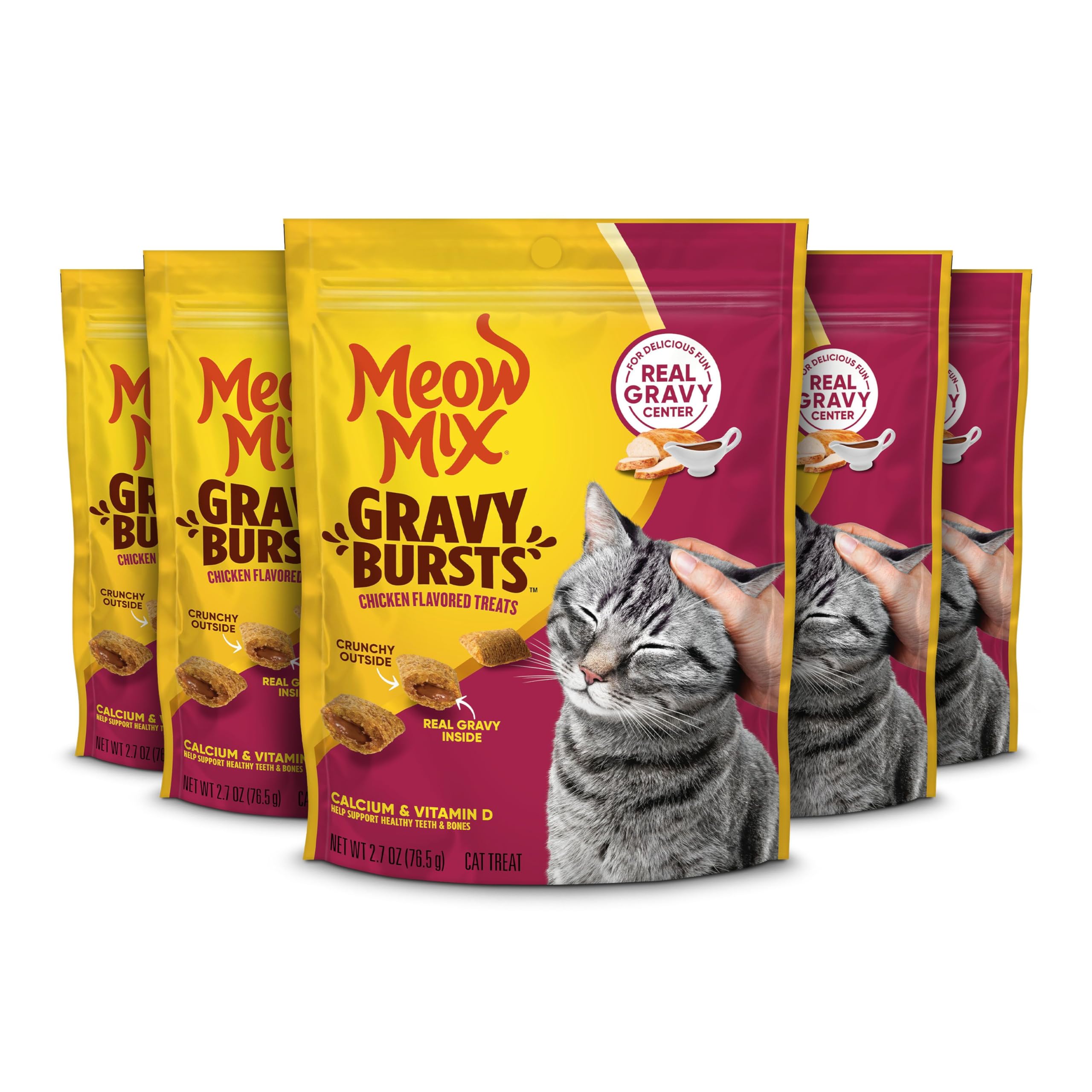 Meow Mix Gravy Bursts Chicken Flavored Cat Treats, 2.7 Oz. Bags (Pack of 5)