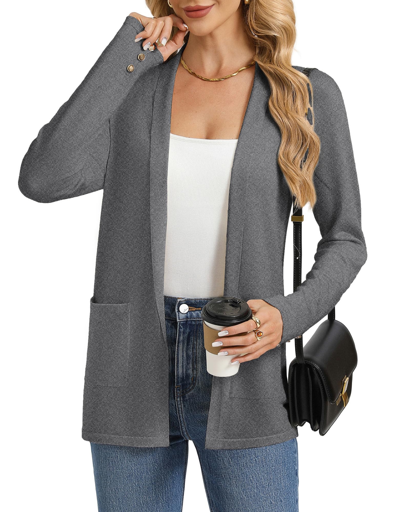 GRACE KARIN Long Cardigans for Women Long Sleeve Open Front Cardigan Sweaters Lightweight Spring Jacket with Pockets