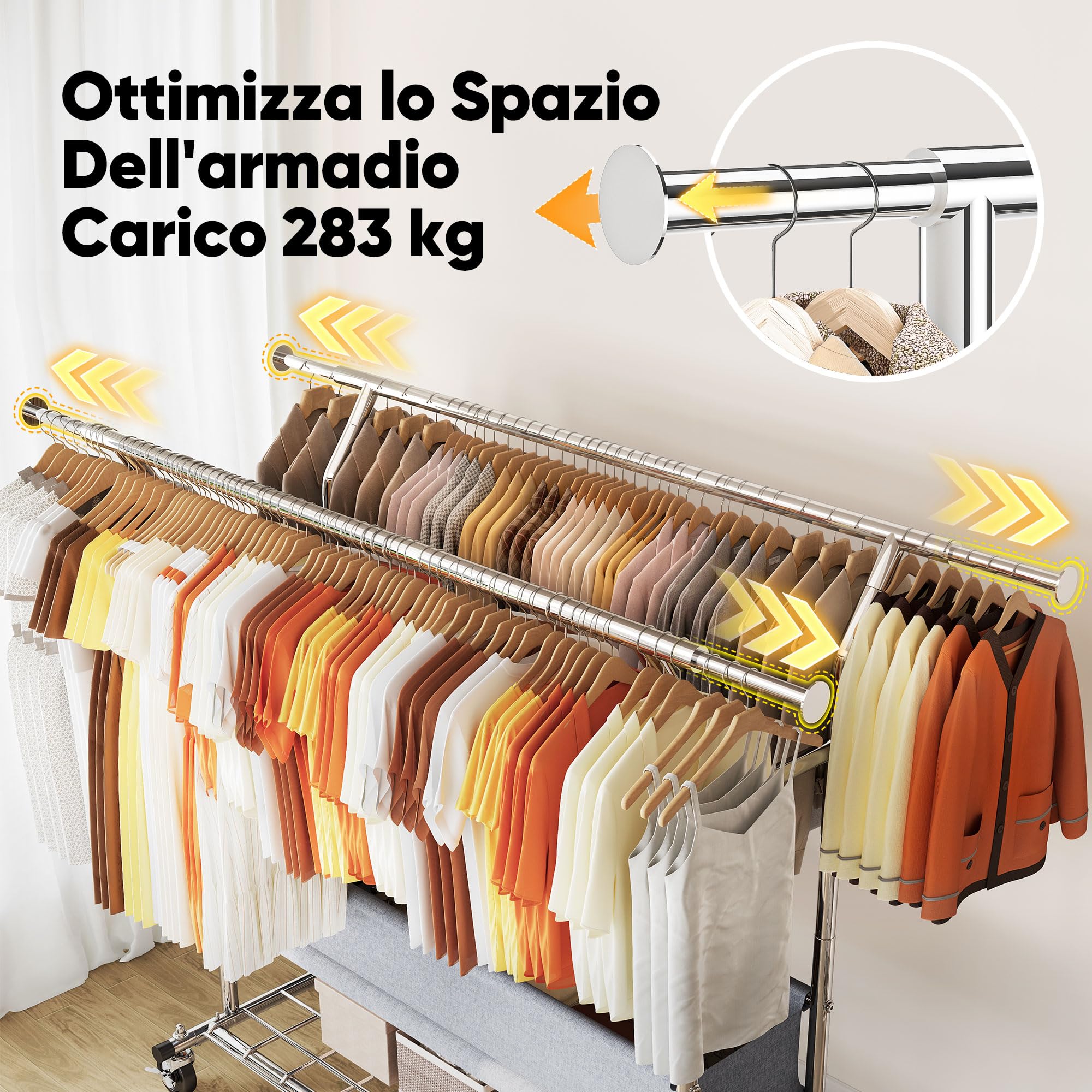 HOKEEPER Appendiabiti da Terra Resistente a Doppia Barra con Ruote, 283kg, con Cesta in Tessuto e Ripiano, Estensibile - Ideale per Camera da Letto, Boutique
