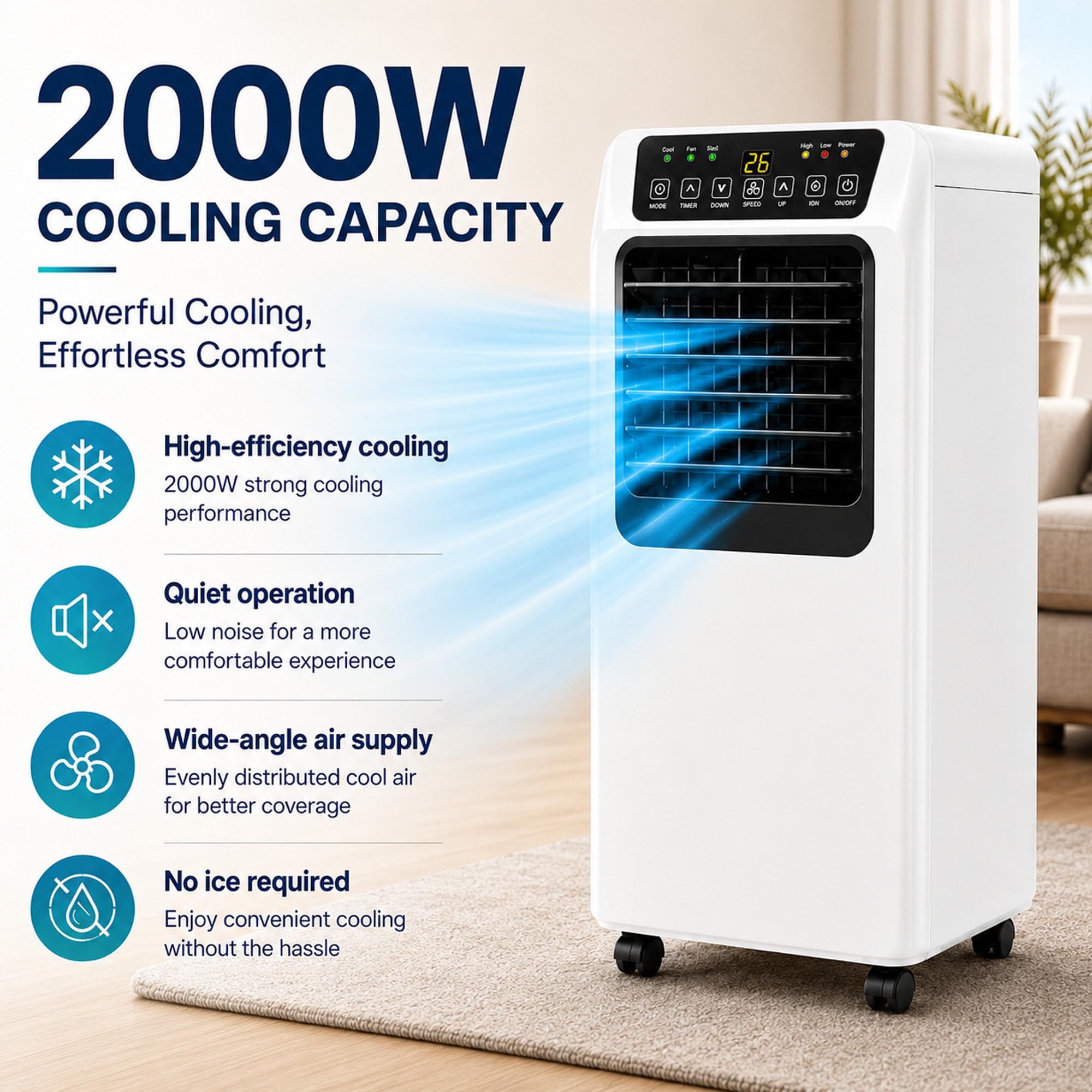 Condizionatore Portatile 7000 BTU con Telecomando e Kit Finestra | Circa 2,05 kW di capacità frigorifera per camere, uffici, soggiorni, appartamenti e altri ambienti interni.