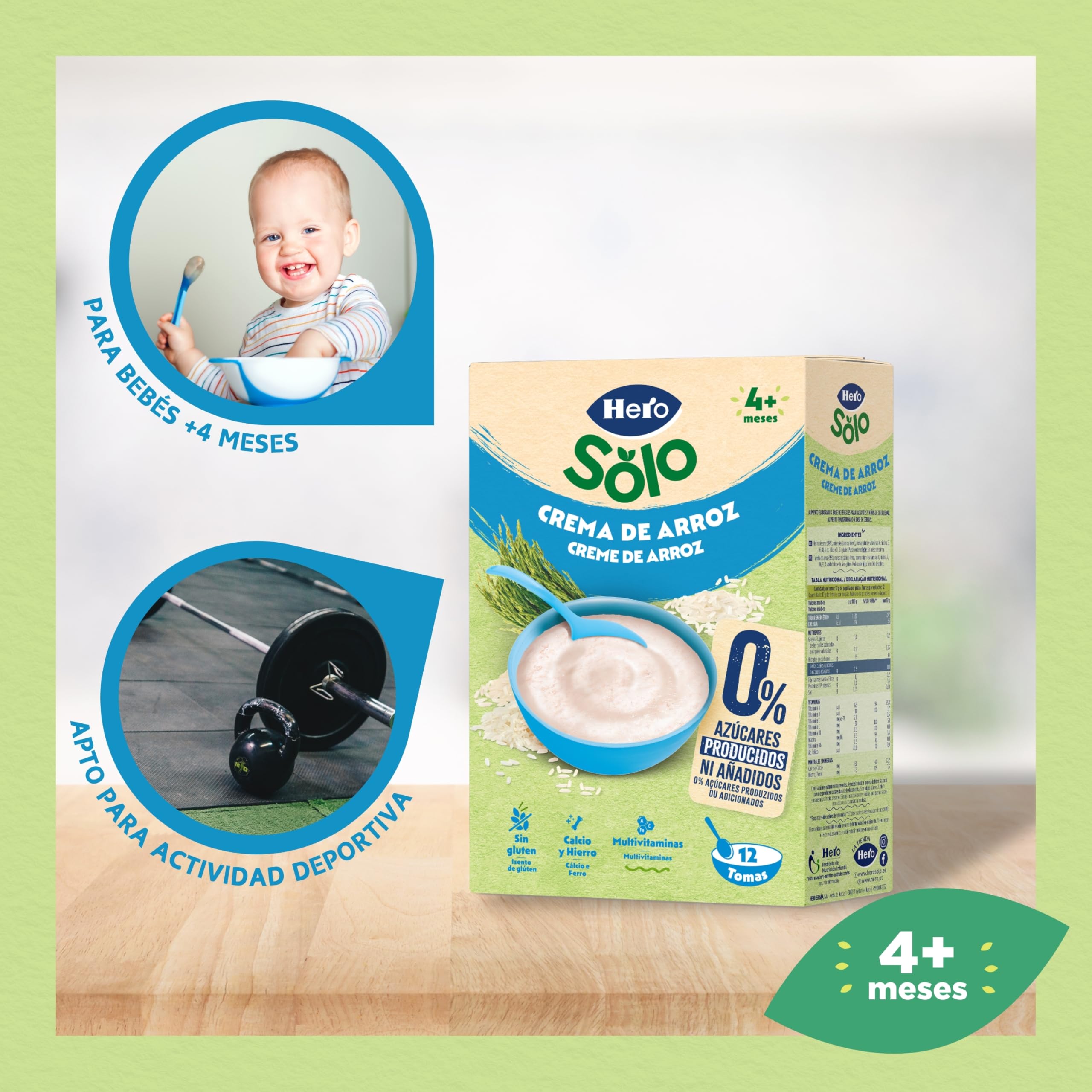 Hero Solo Papilla Crema de Arroz, Sin Gluten, Rica en Fibras y Vitaminas, Sabor Natural para Bebés, a partir de 4 meses, Pack x 6 units x 220 g