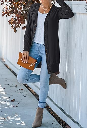 Miniatura 6 de MEROKEETY - Cárdigans de manga larga con botón de presión, para mujer, color liso, con escote en punto elástico