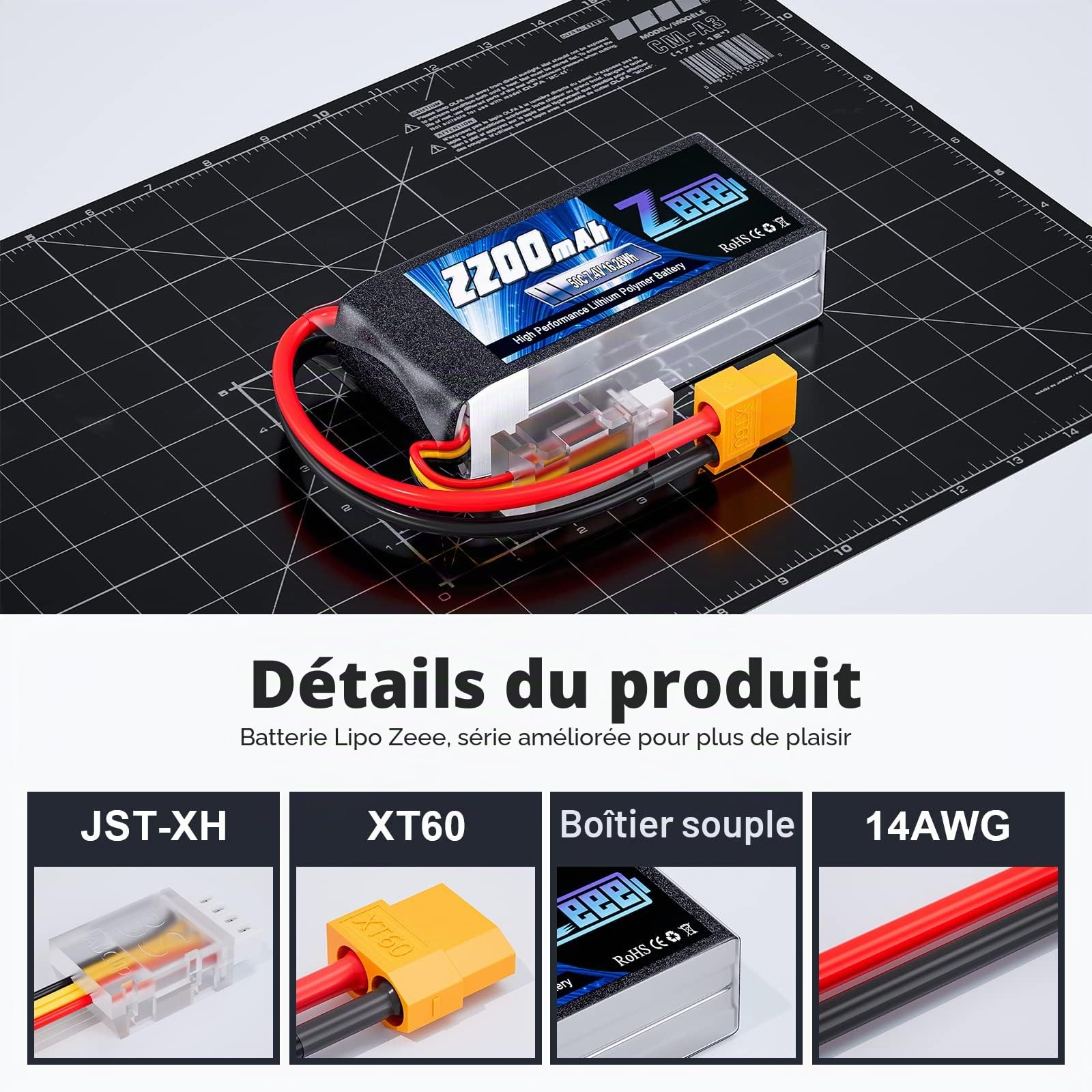Zeee 2S Lipo Batterie 50C 2200mAh 7.4V Batterie Courte avec Prise XT60 pour 1/16 Slash RC Voiture RC Camion RC Hélicoptère Avion Quadcopter Drone RC Bateau Modèles de Course (2 Packs)