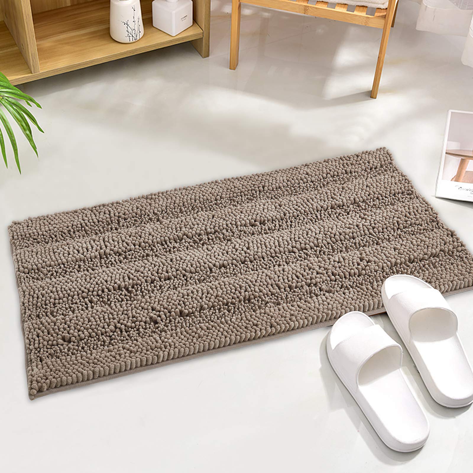 KGORGE Washable Kitchen Rugs - Anti-Slip Absorbent Shaggy Quick Drying Plush Ultra Soft Black Small Bath Mat Floor Mats for Bathroom Shower Tub Thick, Taupe, 47" W x 17" L, 1 Piece