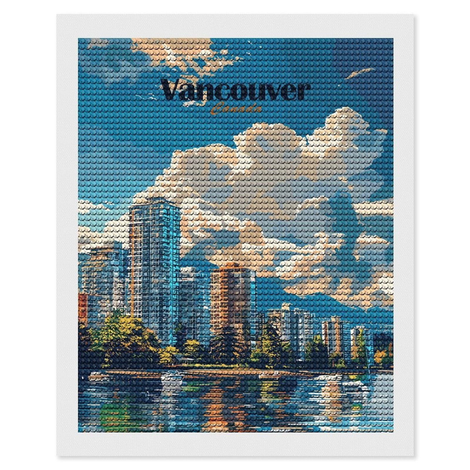 Junmoney Vancouver Skyline Round Drill Diamond Painting 16"x20", for Craft Lovers, Stress Relief Craft, Bedroom Decor, Festive Craft Gift
