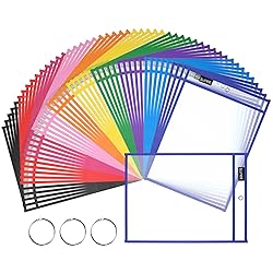 SUNEE 50 Packs Oversized Reusable Dry Erase Pocket Sleeves with 3 Rings, 10 Assorted Colors 10x14 Ticket Holders, Clear Plastic Sheet Protectors, Teacher School Classroom Supplies