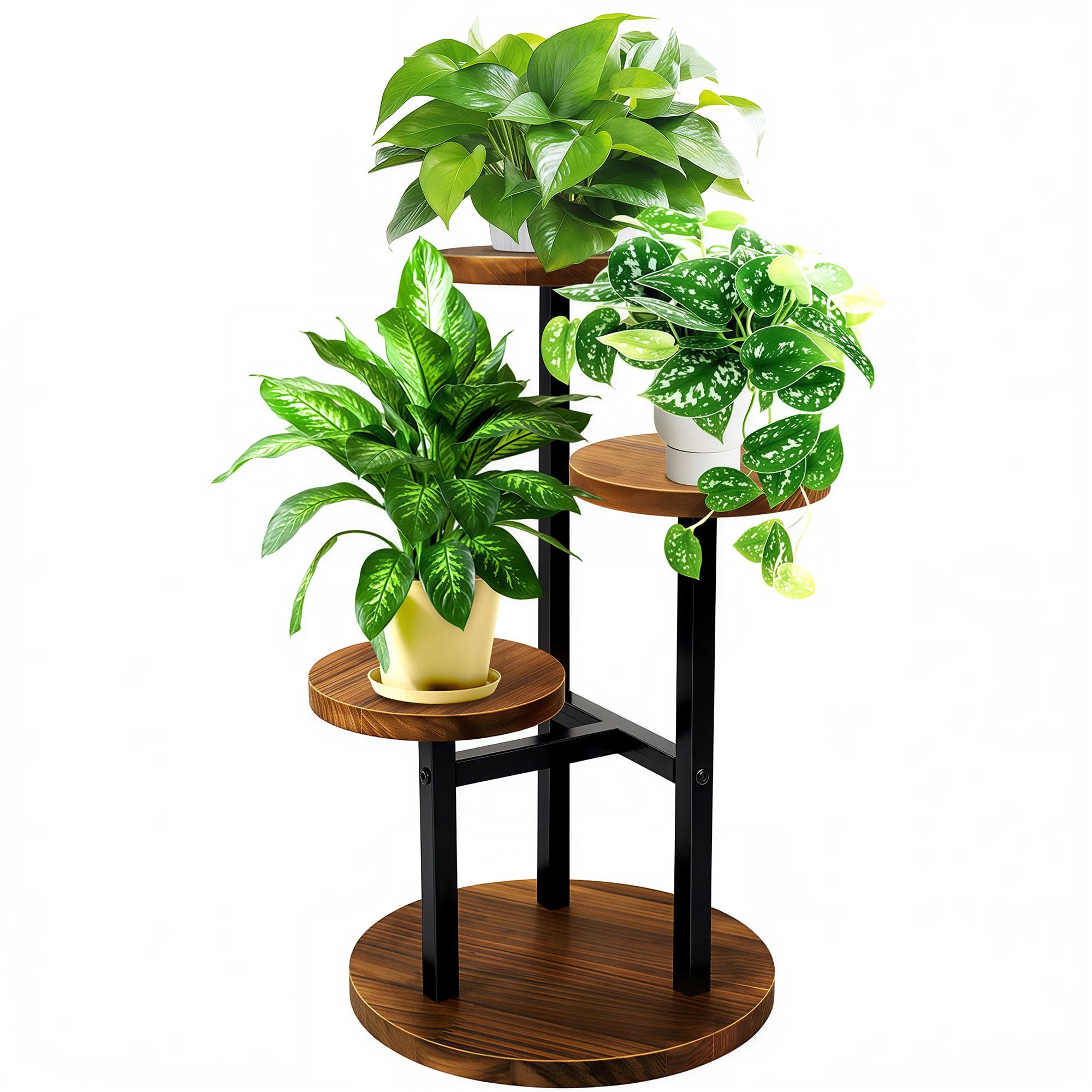 GEEBOBO 3 Tier Plant Stand Indoor | Metal Wood Plant Stands For Indoor Plants Multiple, Corner Tiered Flower Plants Shelf Stand for Living Room Bedroom, Brown