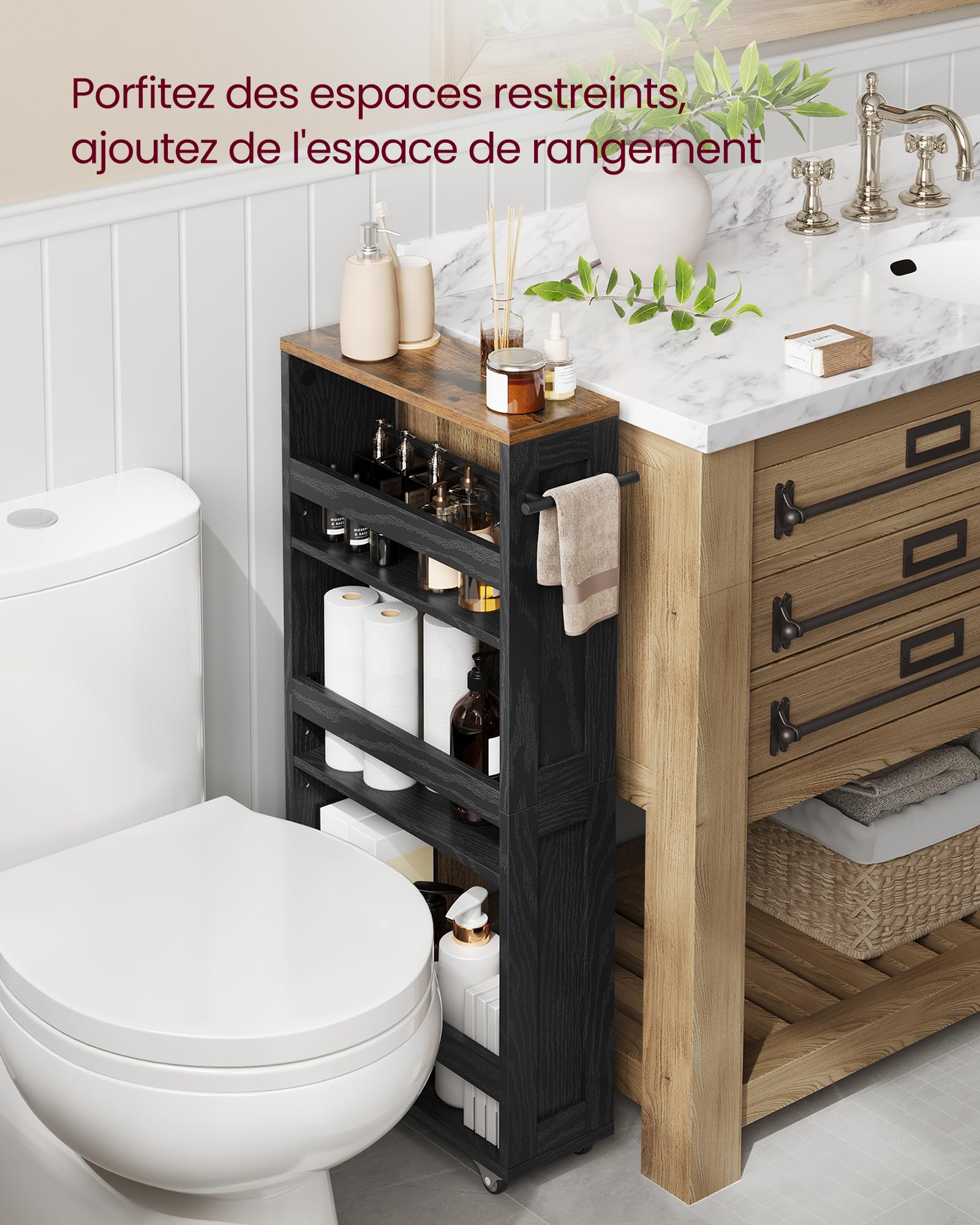 VASAGLE Chariot de Rangement Fin à 4 Niveaux, Étagère de Cuisine avec roulettes, avec Poignée, Petit Espace, 15 x 43,2 x 86,5 cm, Salle de Bain, Buanderie, Noir Boisé et Marron Rustique LRC050K02
