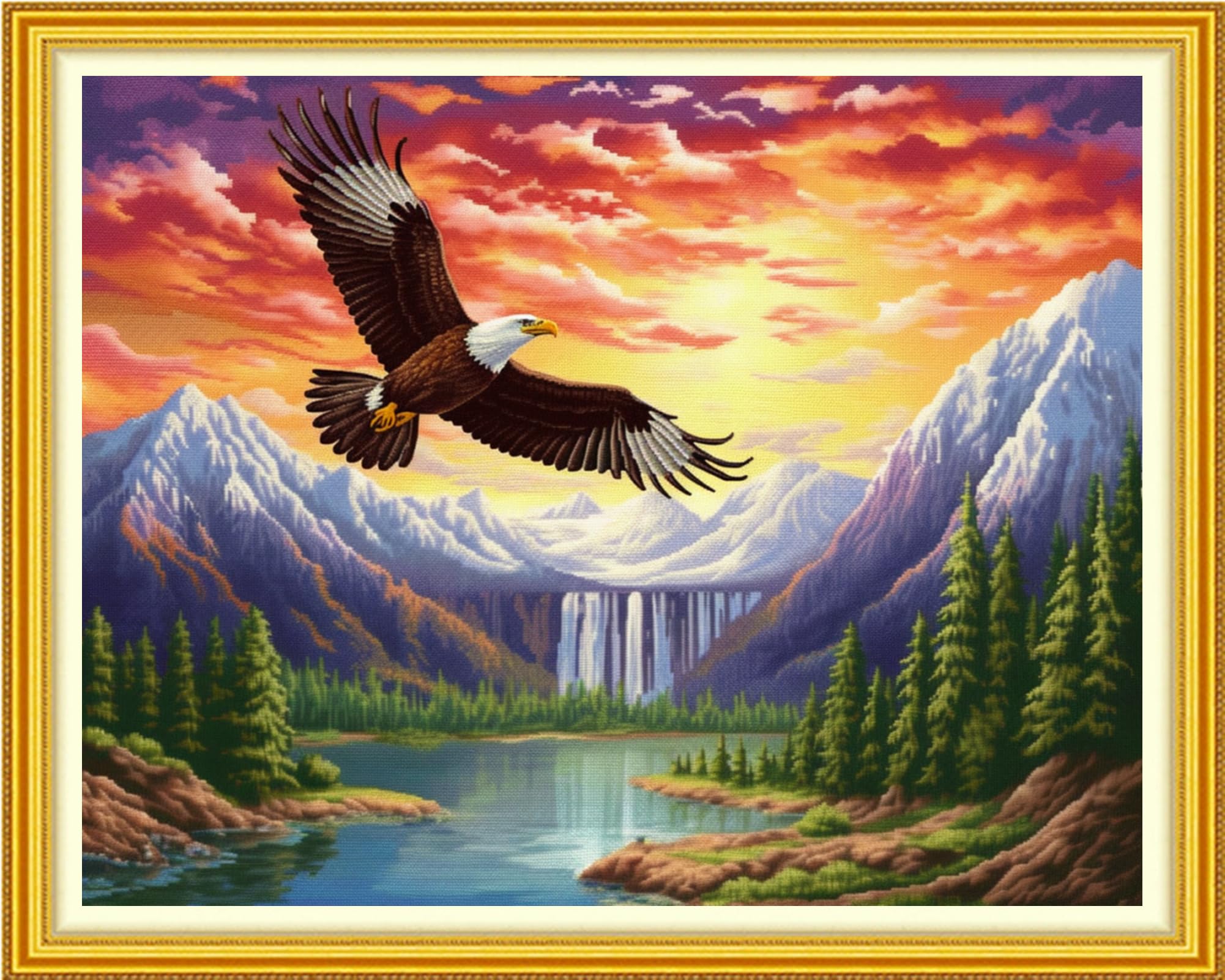DMCVIVR Stamped Cross Stitch Kits for Beginners Adults Needlepoint Kits for Beginners Embroidery Kits for Adults Crossstitch Kit for Beginners 11CT-Eagle Mountain River 16x20 inch