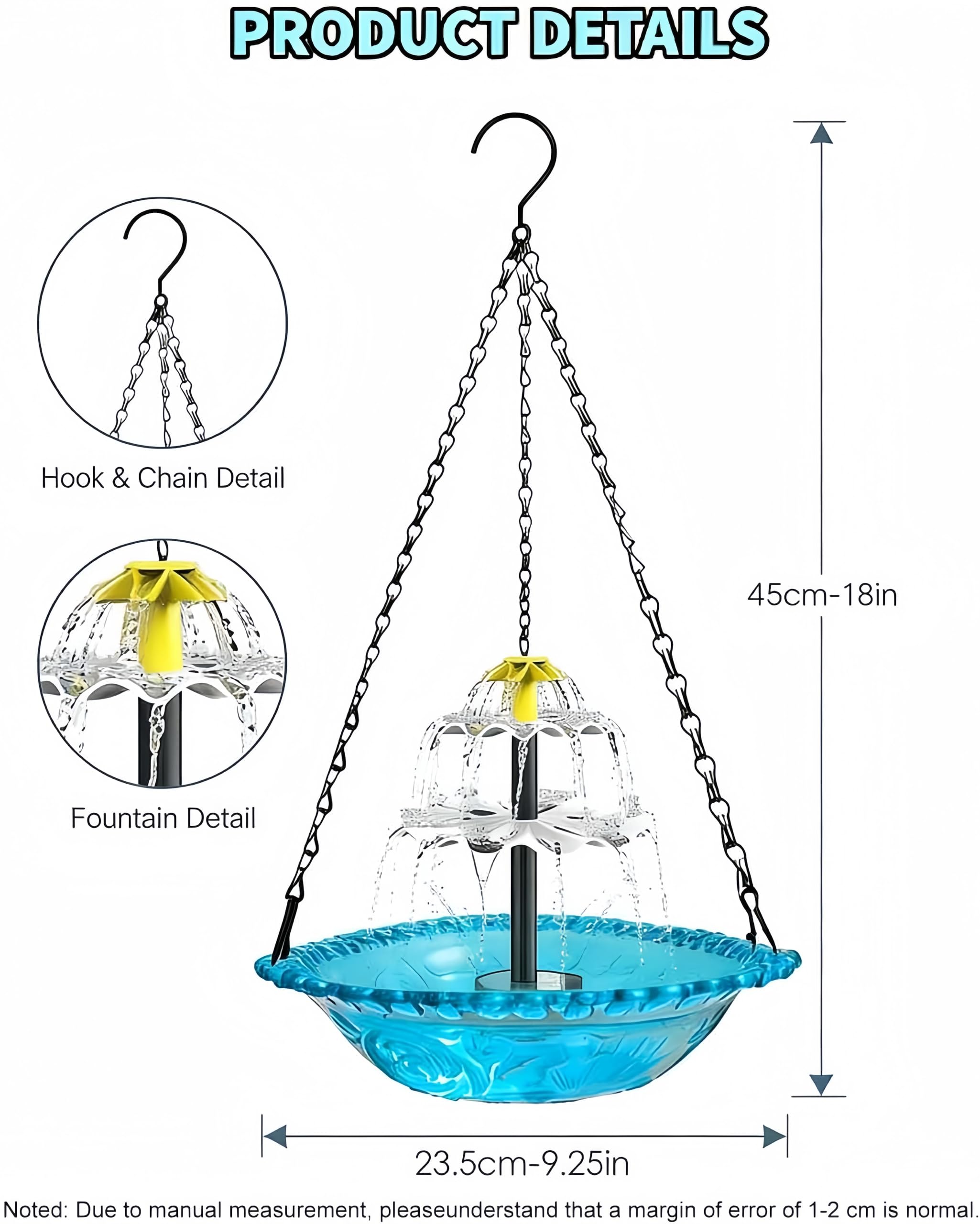 Fontana solare sospesa per uccelli, abbeveratoio e mangiatoia a cascata,decorazione da giardino resistente alle intemperie,facile da appendere,attrae uccelli e farfalle per giardino,cortile (BBB)