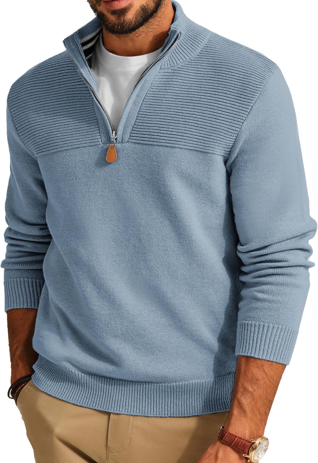 PJ PAUL JONES Men's Quarter Zip Sweater Slim Fit Casual Pullover Sweater Mock Neck Polo Sweaters Small Light Blue