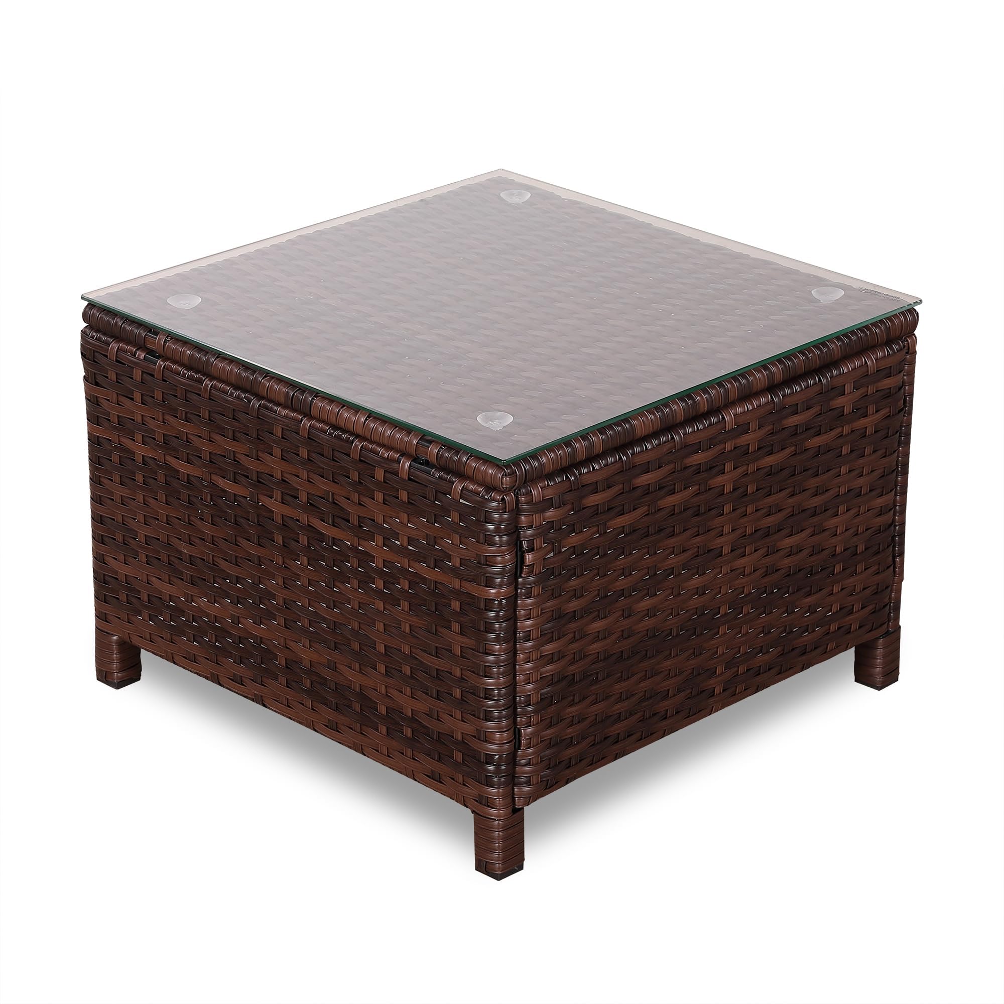 Rattan Park Mesa de Centro de ratán para Exterior con Tapa de Cristal, Mesa Auxiliar de Mimbre Resistente a Todo Clima para Patio, balcón o Porche, Color marrón (55×55×38 cm)