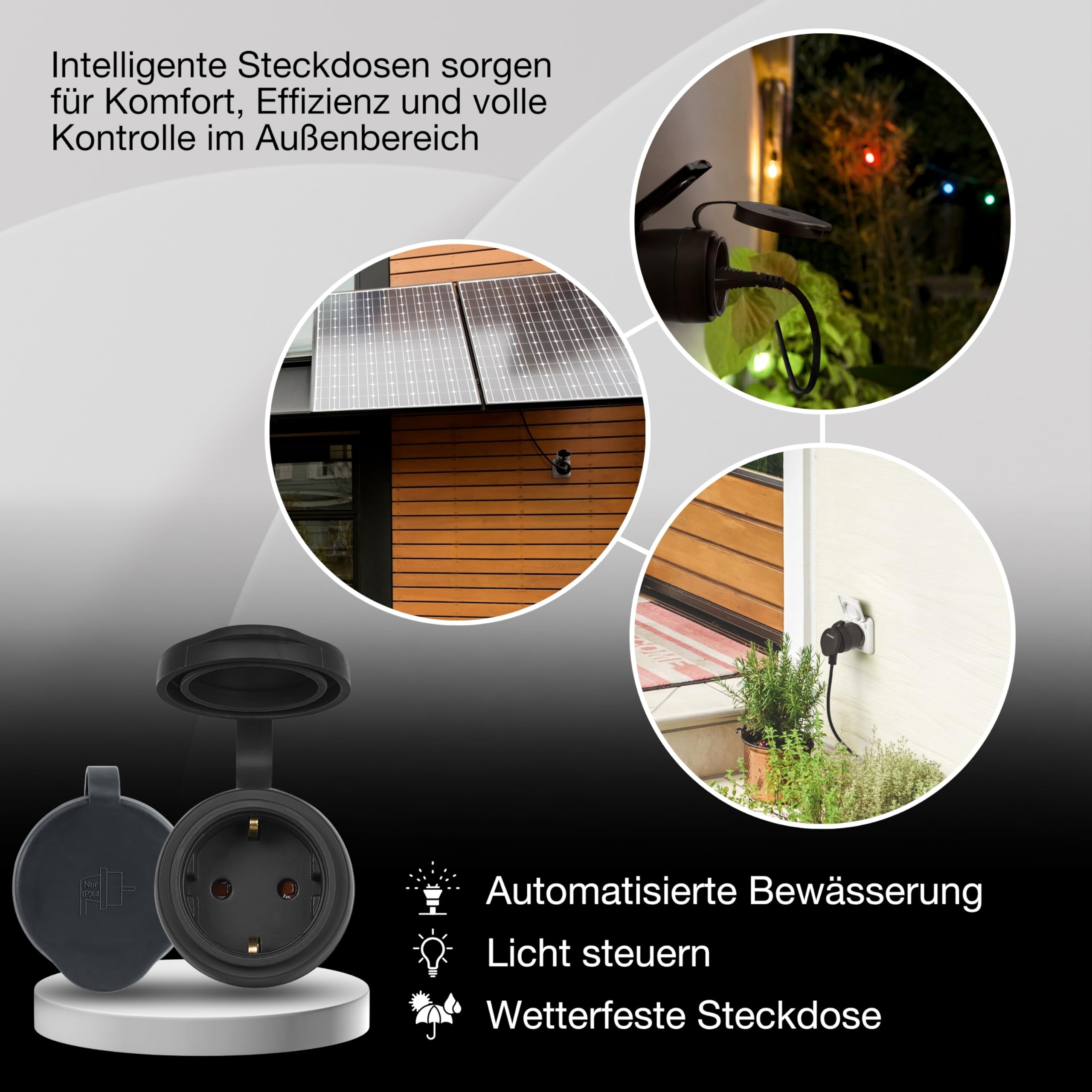 OSRAM SMART+ ZIGBEE Outdoor-EU-Steckdose, Außensteckdose mit Energieverbrauchskontrolle in Schwarz aus PP, IP44-Schutz, Integration von Geräten ins Smart Home