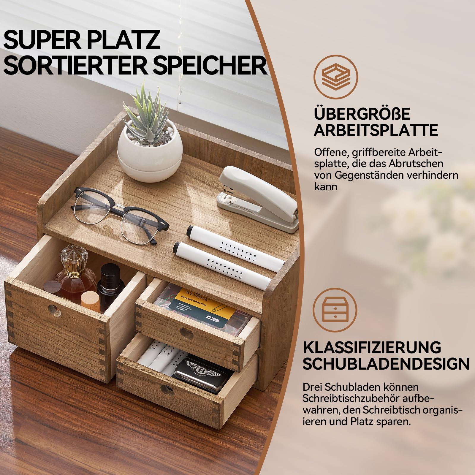 KIRIGEN Holz-Schreibtisch-Organizer mit 3 Schubladen und 1 Einlegeboden Heimarbeitsplatz Bürobedarf Holzaufbewahrungsbox Regal Case Hold Makeup Box Dunkelbraun