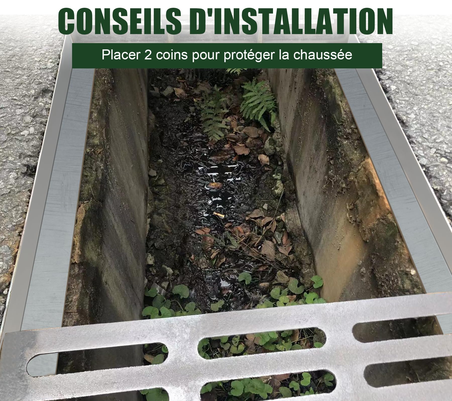 Rejilla de drenaje para zanjas, 500 x 300 mm, de hierro dúctil, resistente, rectangular, rejilla de drenaje de metal, para entradas, jardines, eliminación de aguas residuales, senderos