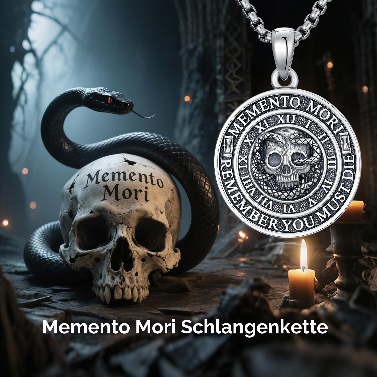 ROMANTICWORK Memento Mori Kette 925 Sterling Silber Skelett/Abalone Muschel/Gothic Punk Skull Memento Mori Anhänger Halskette Gothic Totenkopf Schmuck Geschenk für Herren Männer