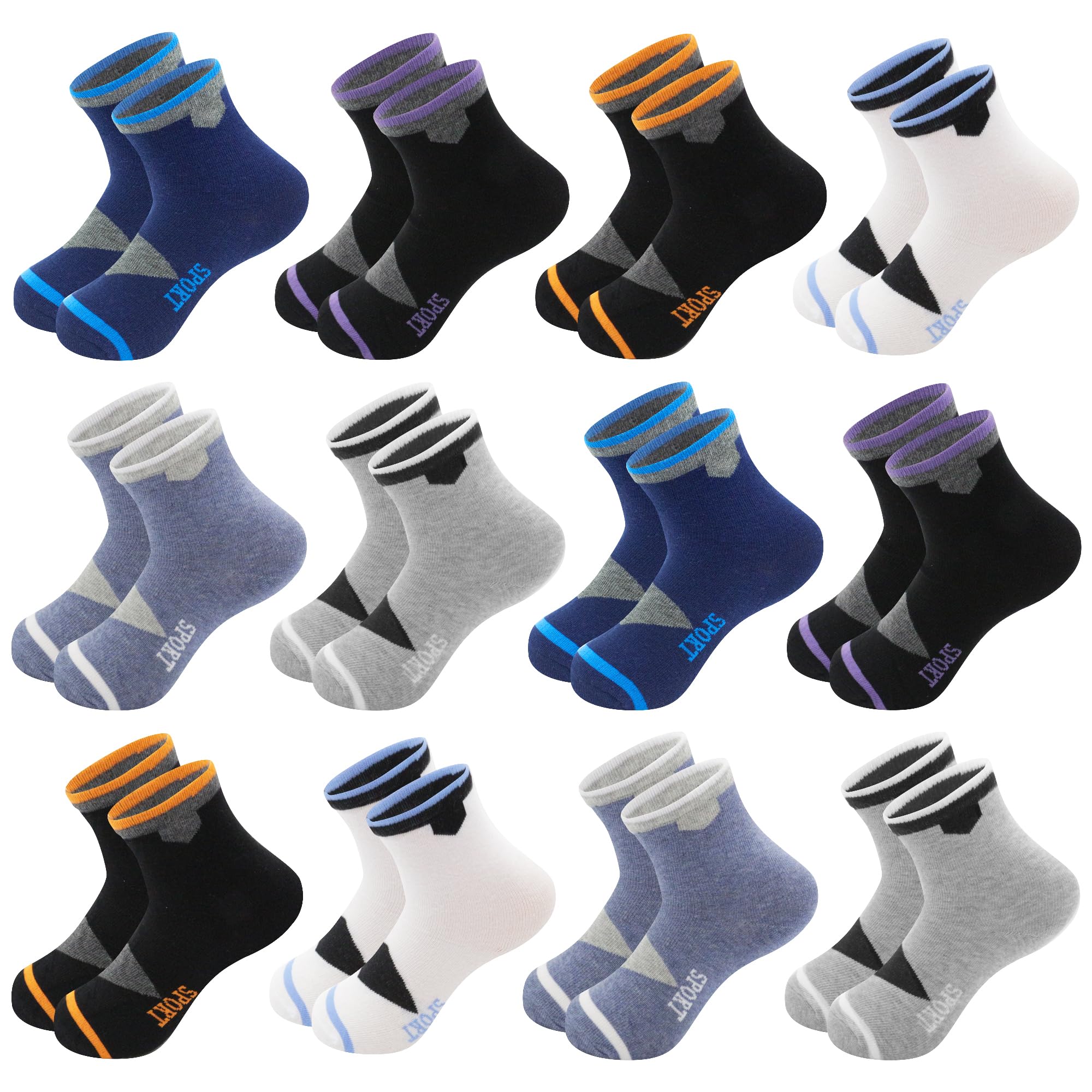 Chaussettes Enfant Garçon Fille Coton Doux Respirantes Motifs Sport Unisex Foot Confortables Pack de 12