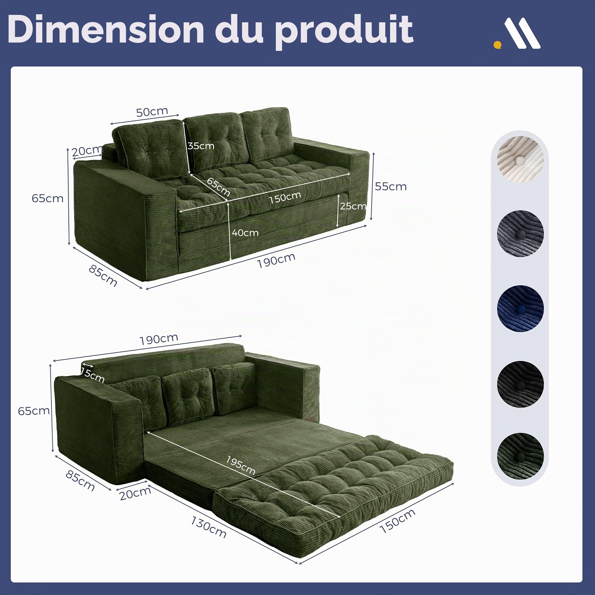 MAXYOYO Canapé-lit de 190 cm de large avec coussin, 2 en 1, pliable, en velours, 3 places, avec fonction sommeil, surface de couchage 101 x 196 cm, pour salon, chambre à coucher, salon