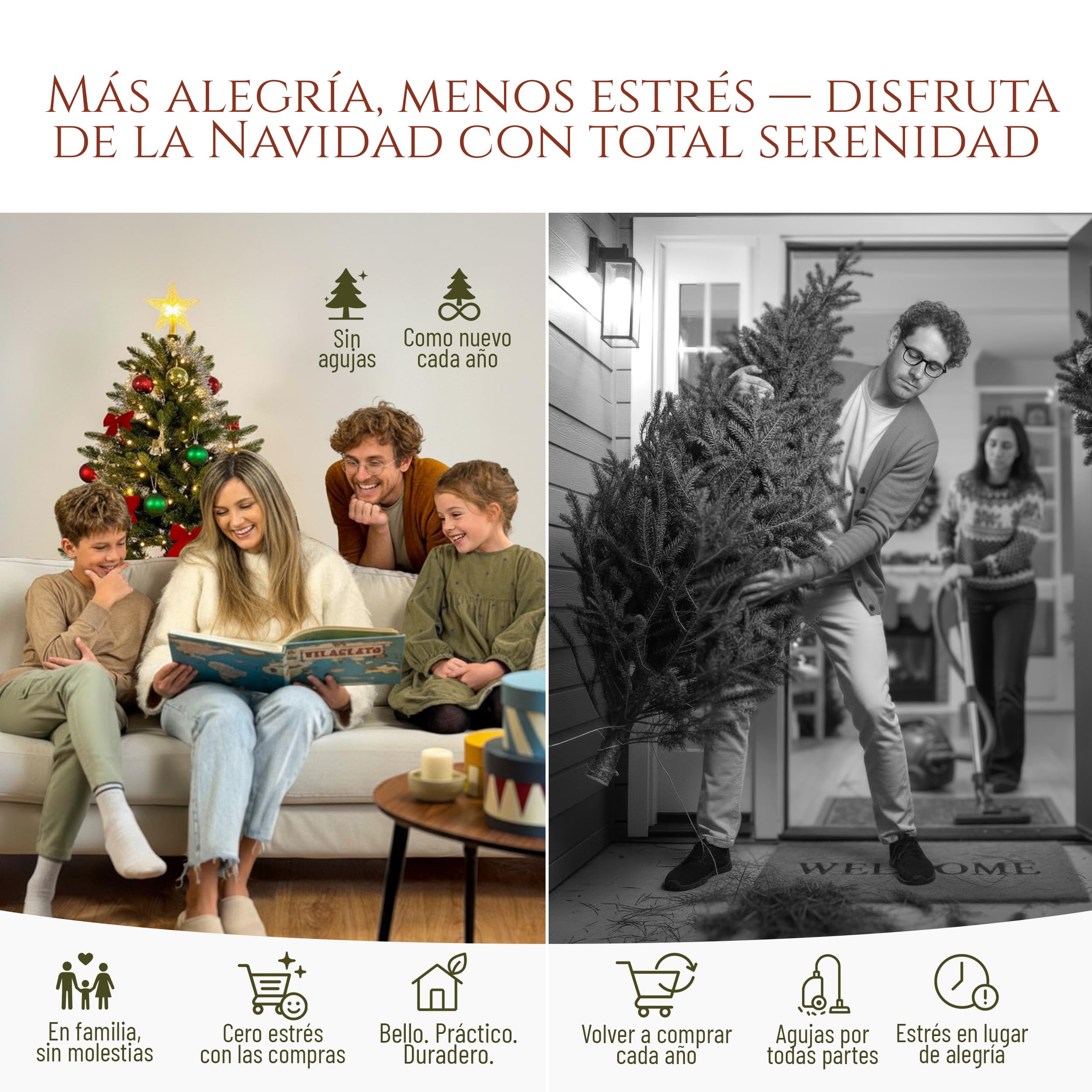 Árbol de Navidad Artificial Premium 180cm – Ramas Densas y Realistas, con Soporte de Madera y Bolsa de Almacenamiento – Arbol Navidad Artificial de Pure Living