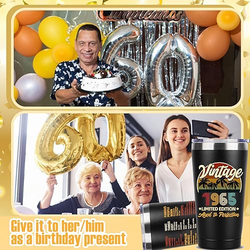 Miniatura 5 de Regalos de cumpleaños número 60 para hombres, mujeres y amigos, vaso de acero inoxidable de 20 onzas con aislamiento al vacío, vaso térmico de