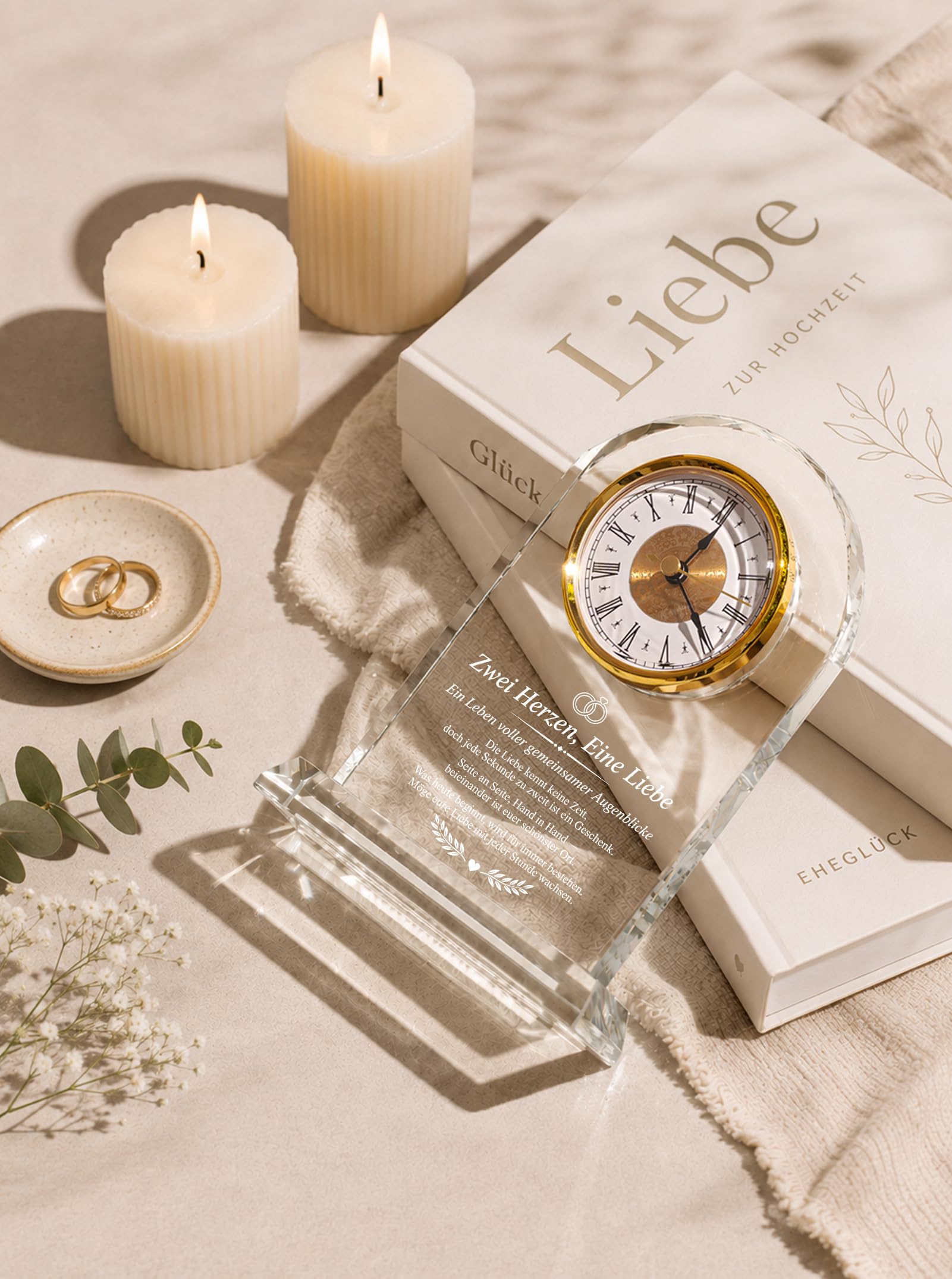 Hochzeitsgeschenk für Brautpaar - Glas Tischuhr mit Lasergravur | Frischverheiratete, Verlobungsgeschenk, Jahrestag-Andenken, edle Hochzeitsdeko, inkl. Geschenkbox