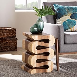 bali & pari Eliada Hand-Carved Suar Wood Side Table – Wavy Sculptural Accent Table with Stacked Design, Modern Boho Style for Living Room or Bedroom, Natural Brown,12-inch Wide