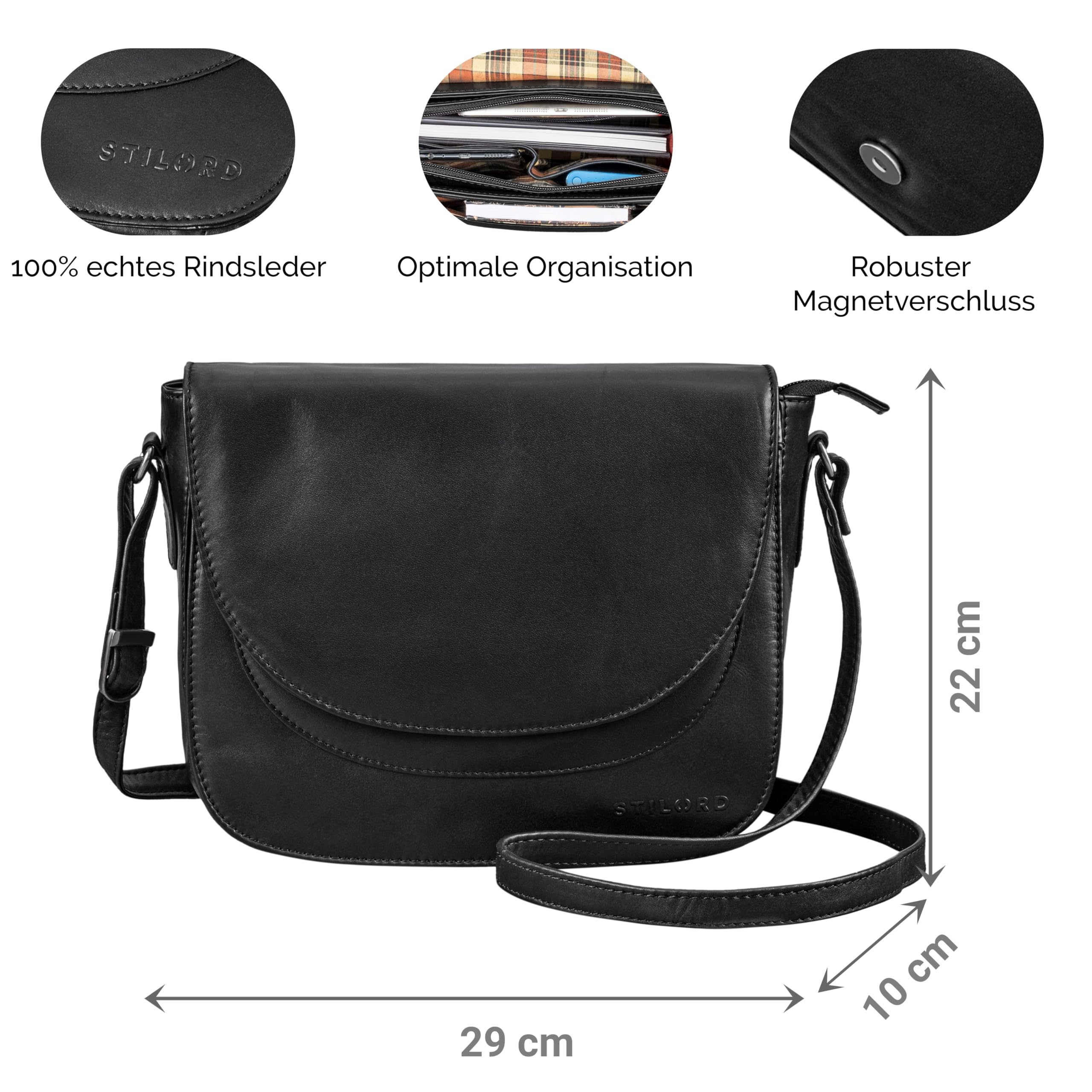 STILORD "Fleur Umhängetasche Damen Leder Mittel-Groß - Elegante Echtleder Handtasche zum Umhängen mit Magnetverschluss - Ideal als Freizeittasche mit Anti-Diebstahl Fach Farbe:luino - braun
